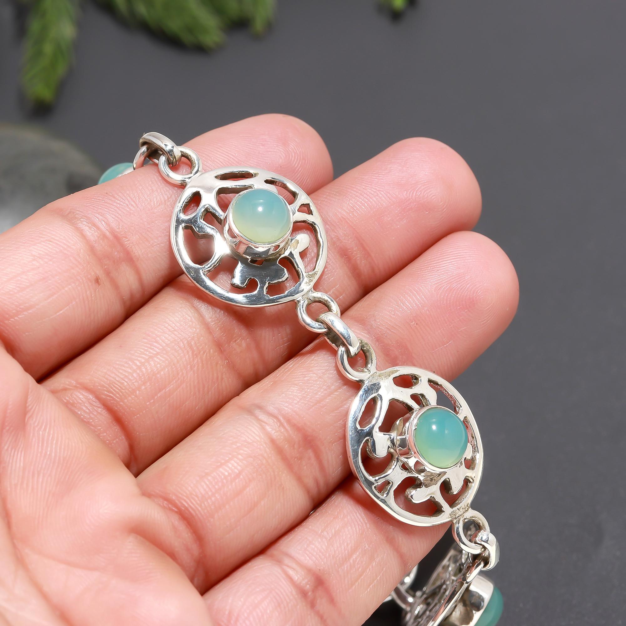 925 Silver Filigree Green Chalcedony Bracelet