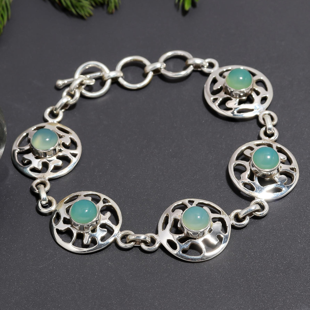 925 Silver Filigree Green Chalcedony Bracelet
