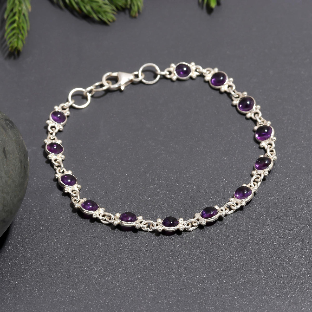 925 Silver Amethyst Floral Link Bracelet