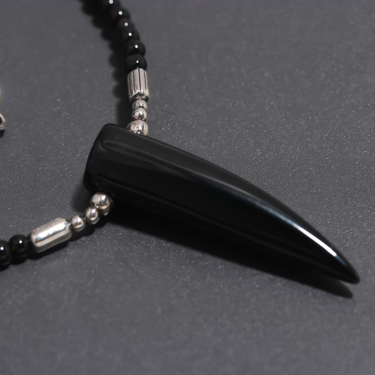 925 Silver & Black Onyx Horn Pendant Beaded Necklace