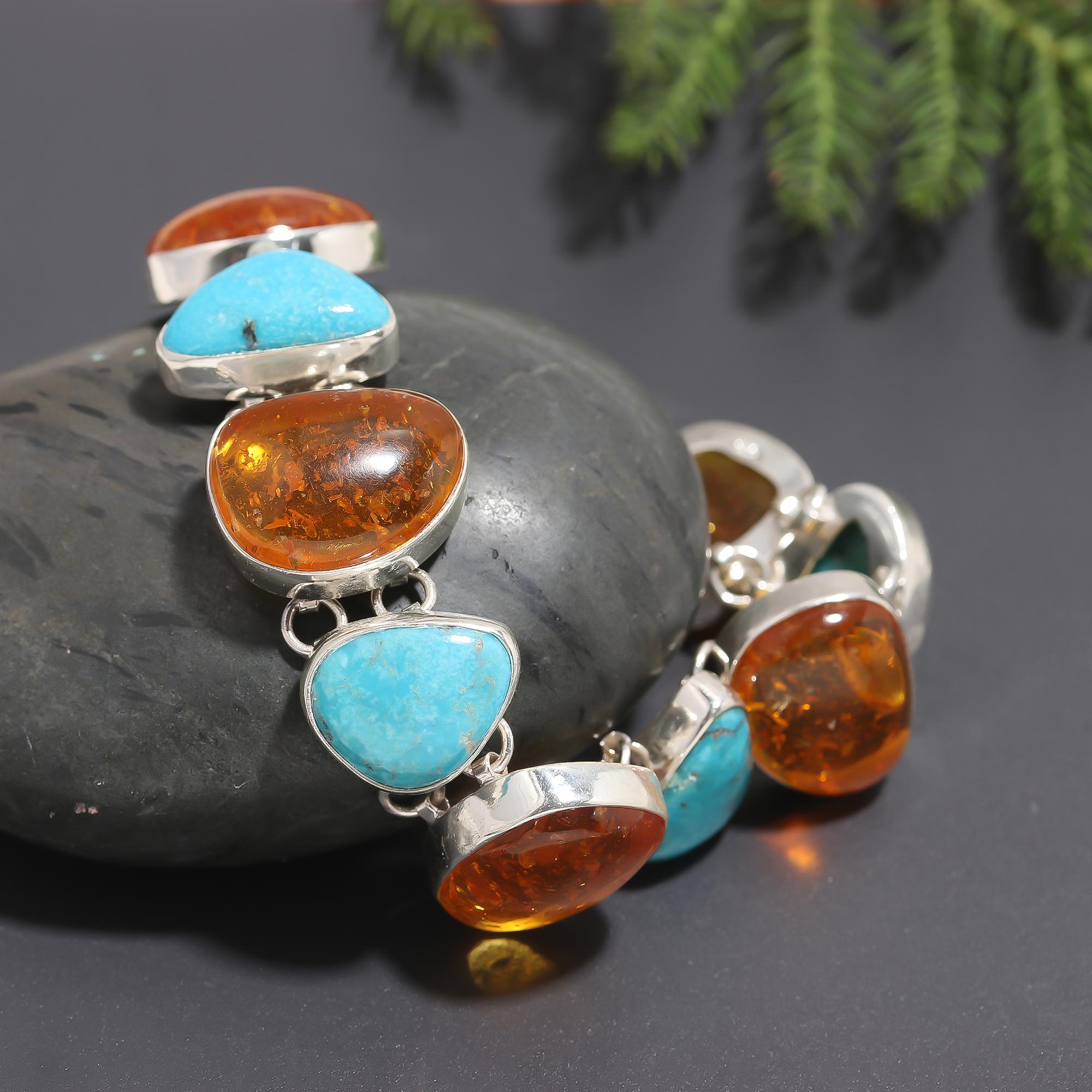 925 Silver Amber and Turquoise Statement Bracelet