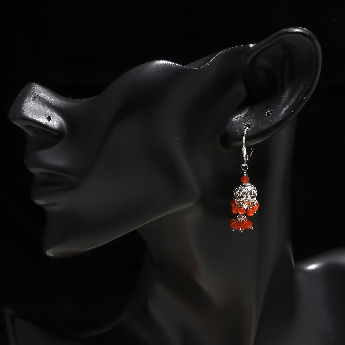925 Silver Cluster Carnelian Beaded Dangle Earrings