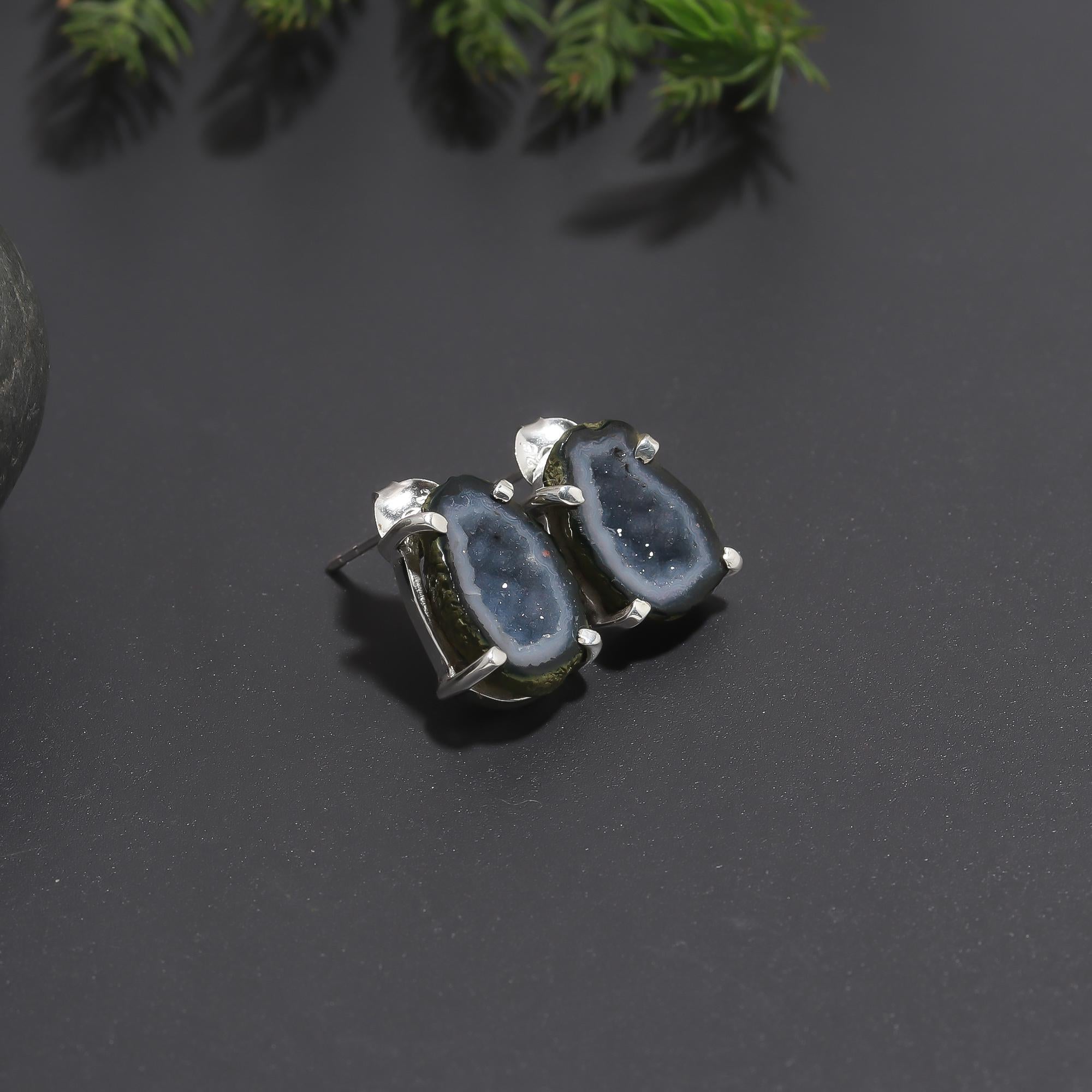 925 Silver Natural Drusy Slice Stud Earrings