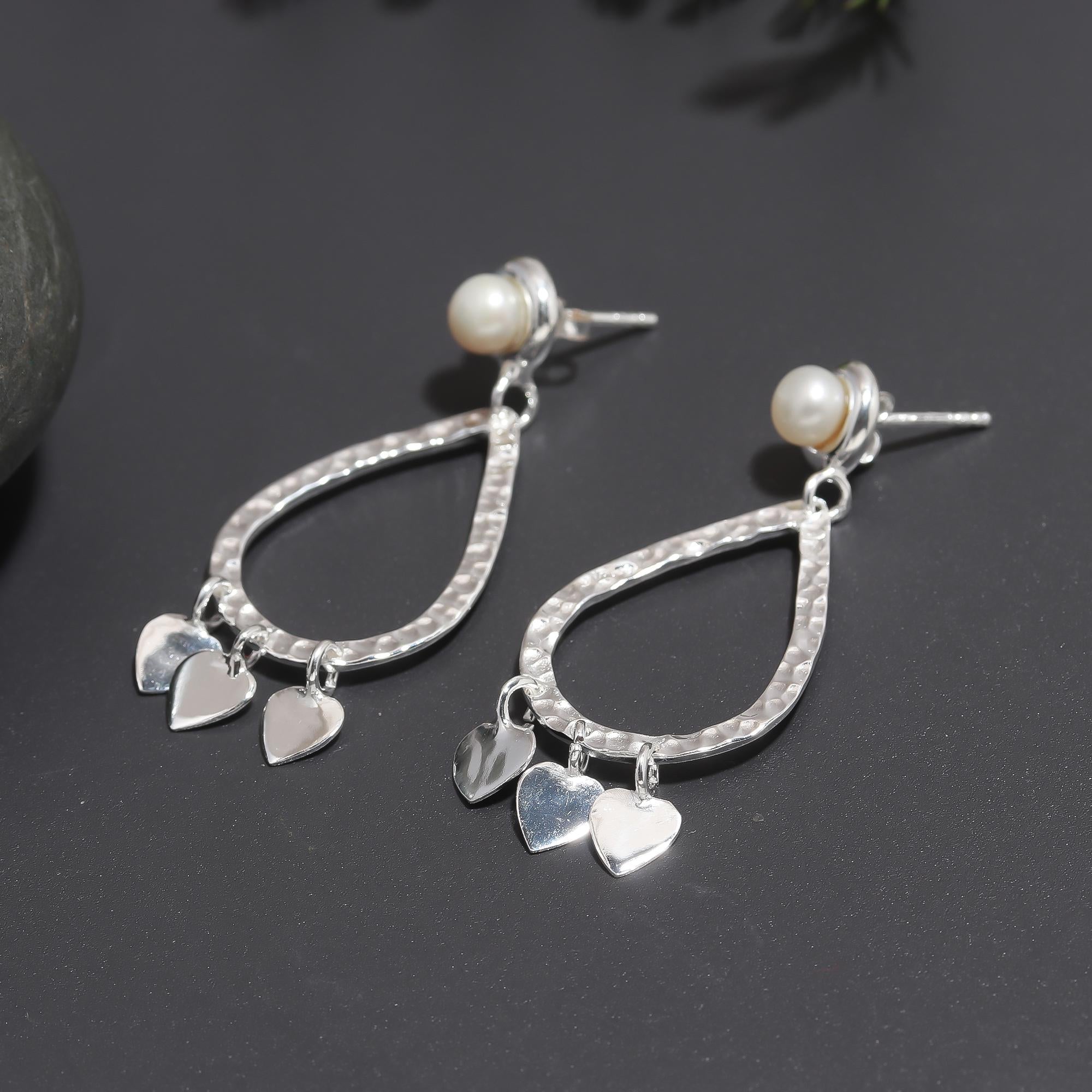 925 Silver Pearl and Heart Charm Drop Earrings