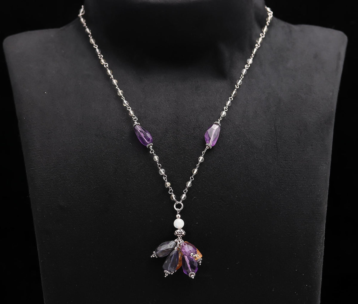 925 Silver Beads Cluster Drop Pendant Necklace