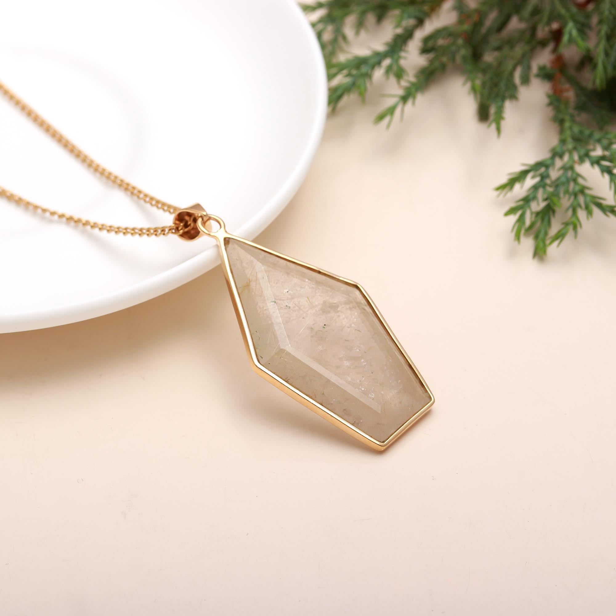 The Gilded Prism: Golden Rutilated Quartz Geometric Necklace