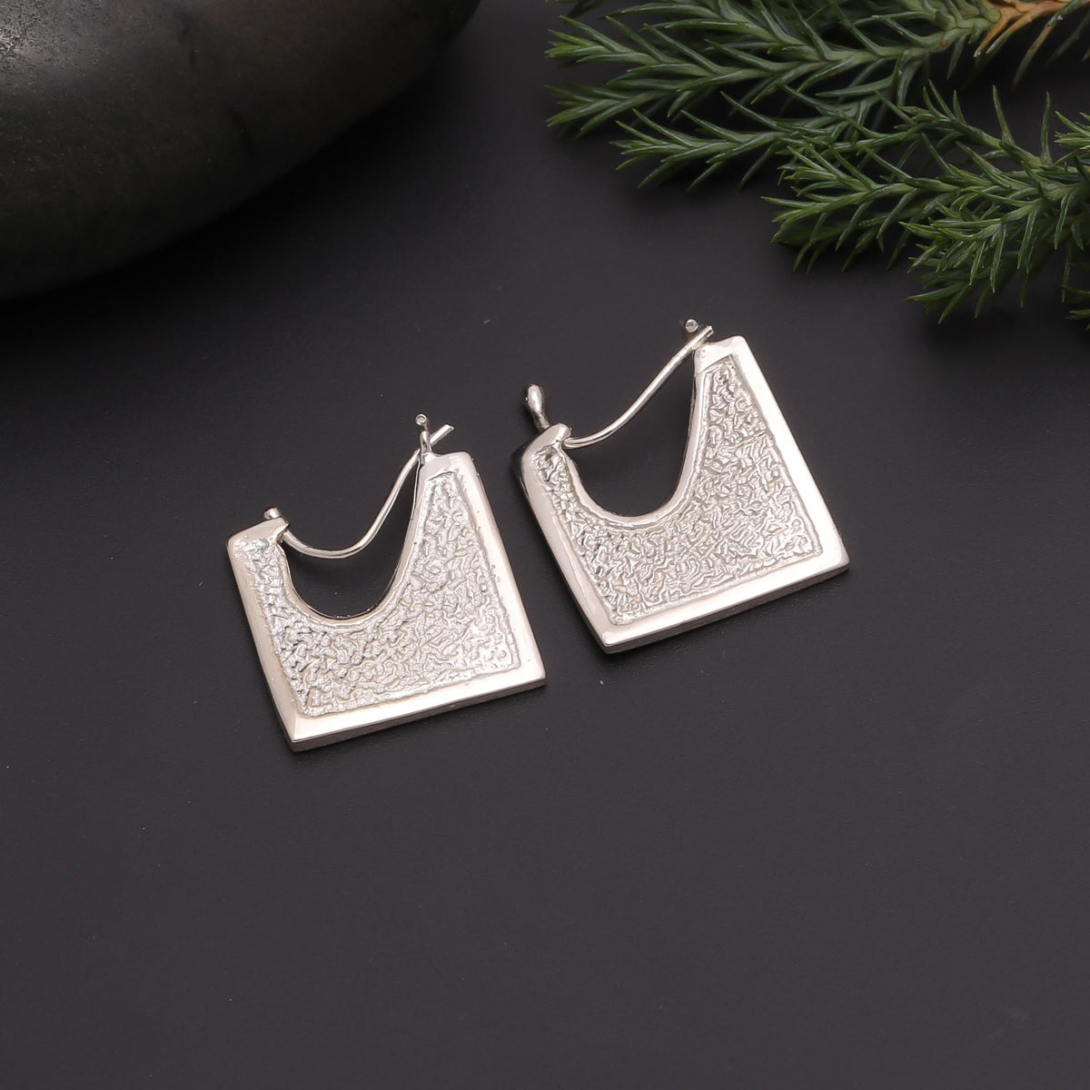 The Etched Square: Artisan Silver Geometric Hoops