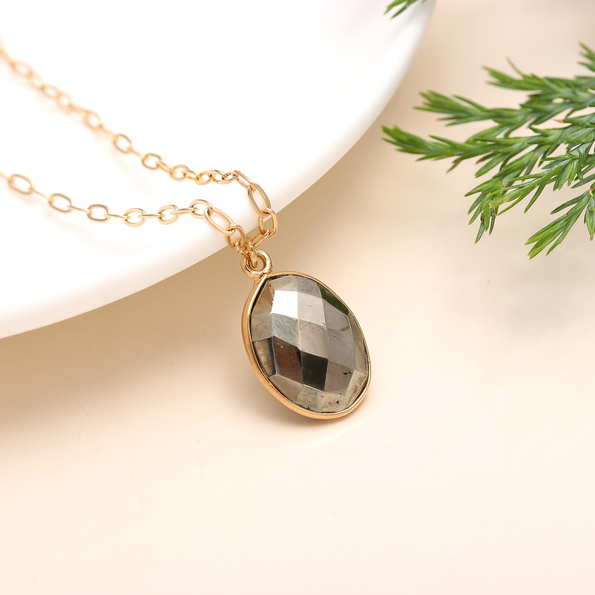 The Gilded Mirror: Faceted Pyrite Oval Necklace