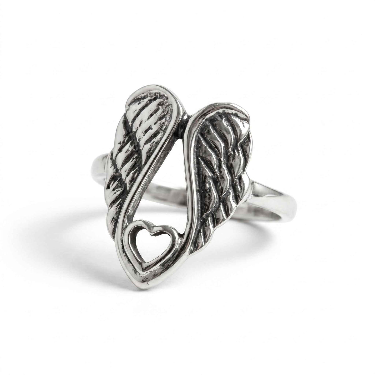 The Guardian's Embrace: Angel Wing Heart Silver Ring