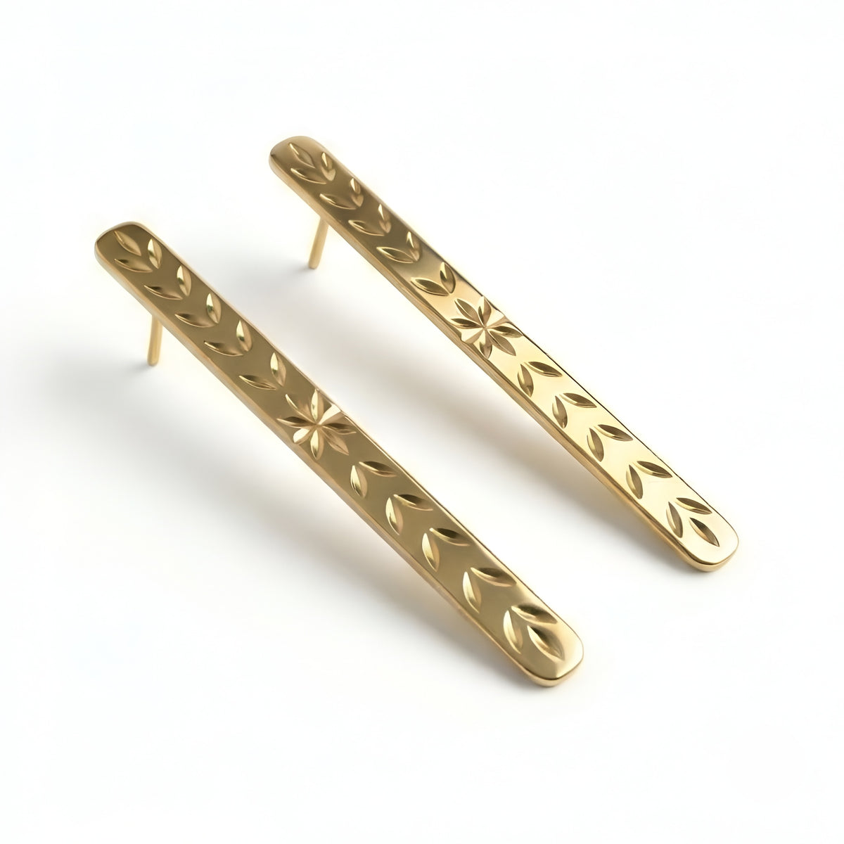 The Laurel Column: Engraved Leaf Bar Drop Earrings