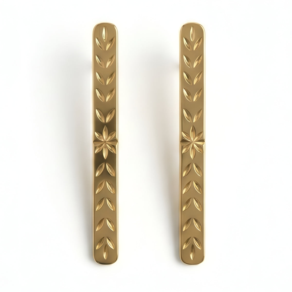 The Laurel Column: Engraved Leaf Bar Drop Earrings