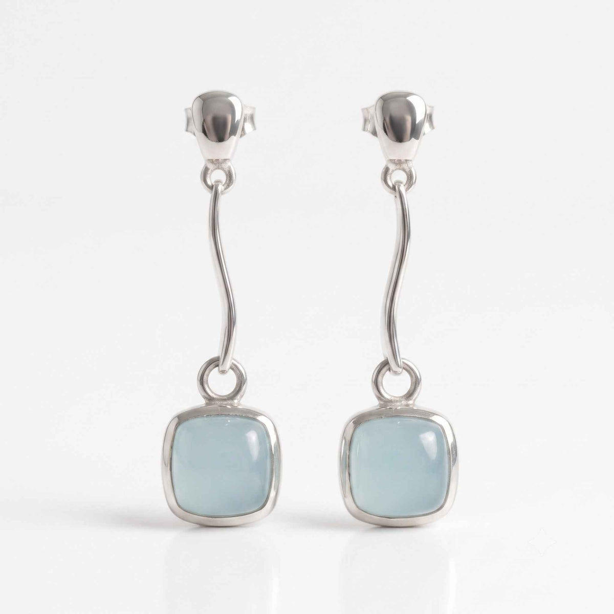 The Aqua Cascade: Wavy Silver Chalcedony Drop Earrings