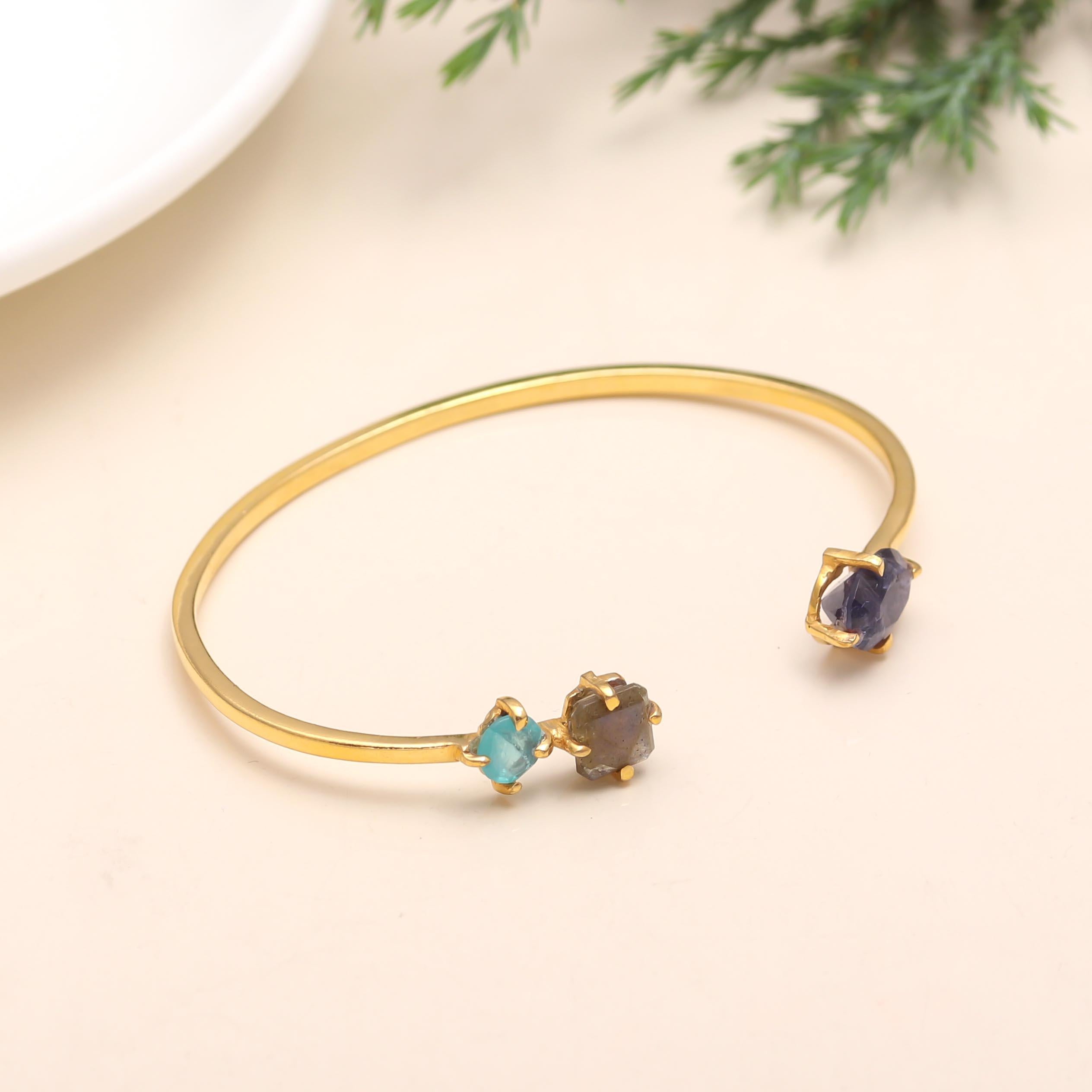 The Elemental Trio: Raw Multi-Gemstone Gold Cuff