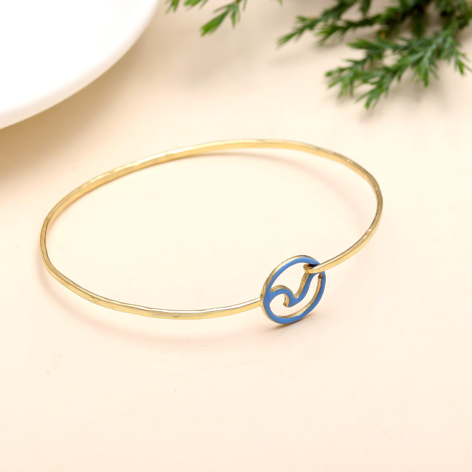 The Coastal Rhythm: Blue Enamel Wave Gold Bangle