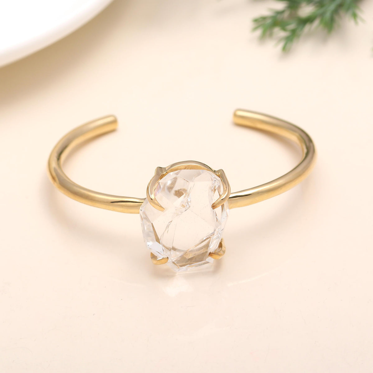 The Luminous Prism: Clear Crystal Quartz Gold Cuff