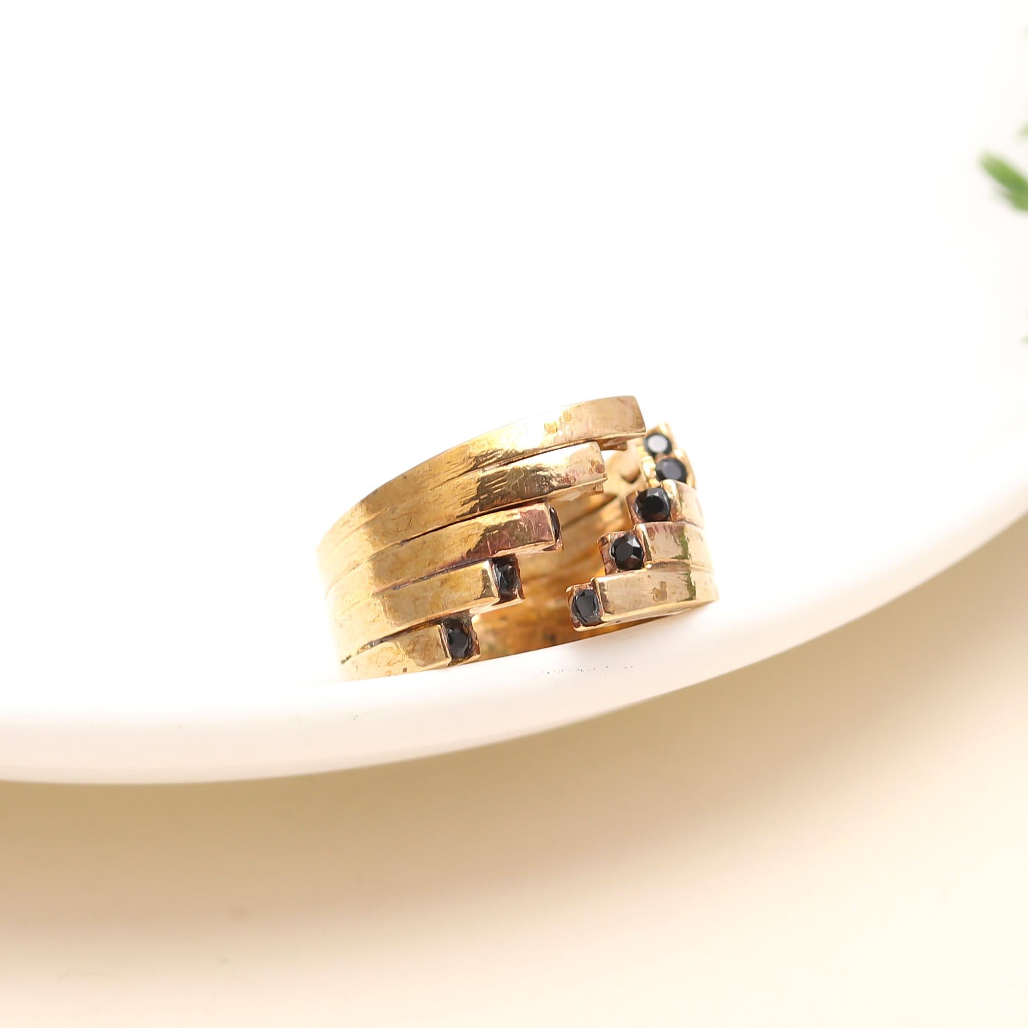 The Midnight Stack: Gold & Black Spinel Multi-Band Ring