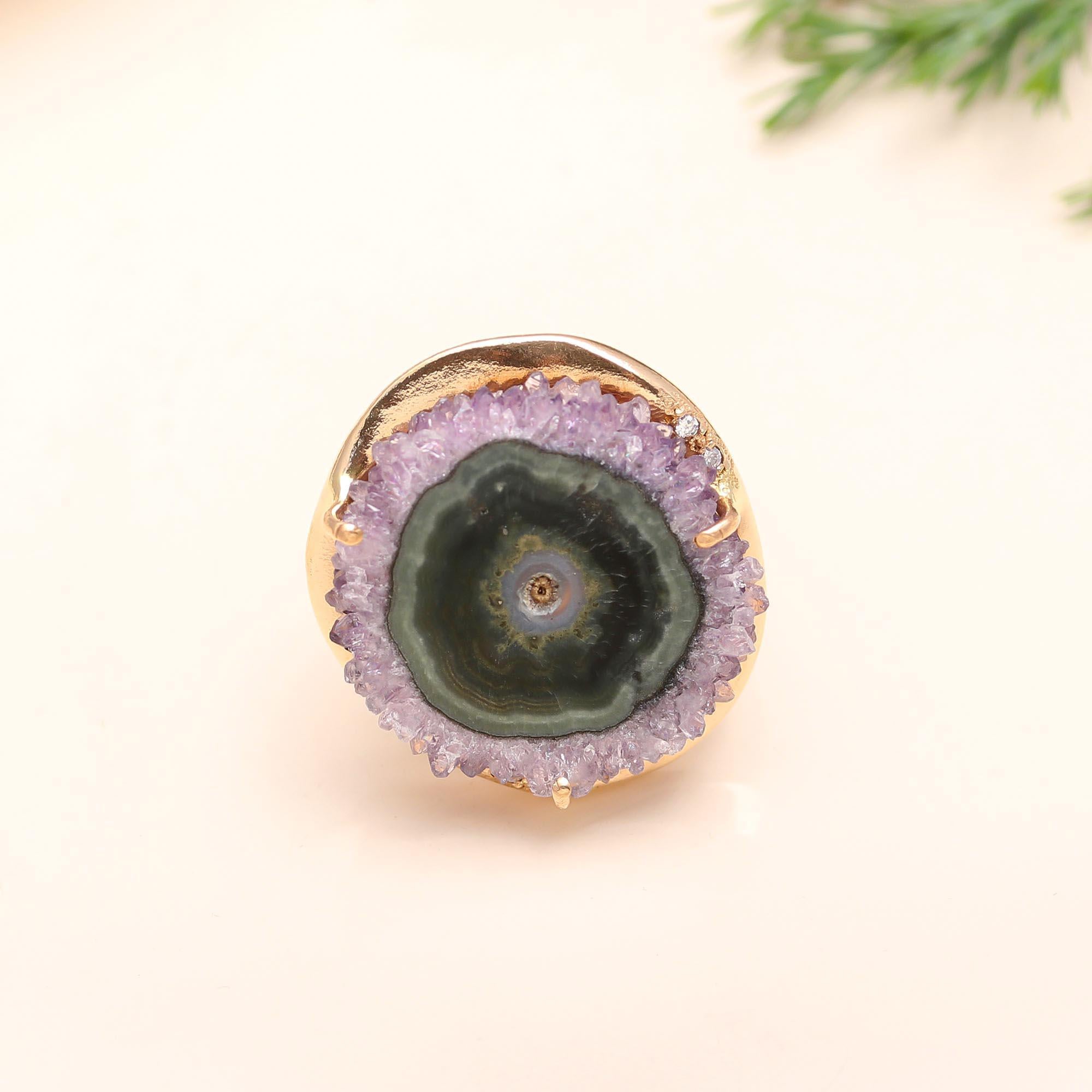 The Violet Galaxy: Amethyst Stalactite Slice Gold Ring