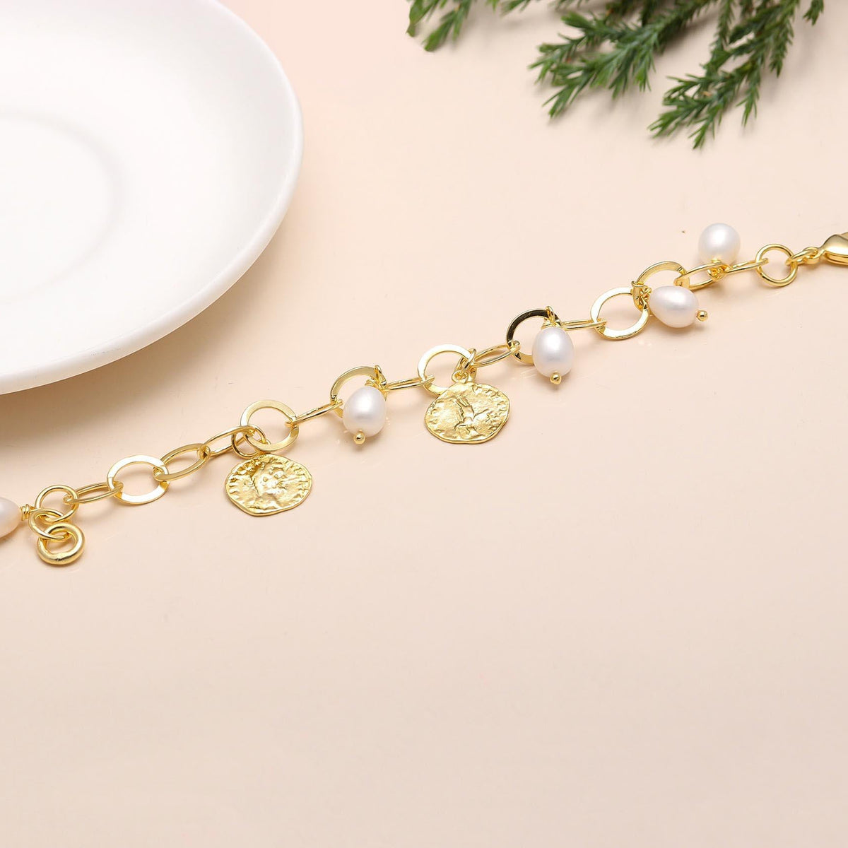 The Roman Heritage: Pearl Gold Coin Charm Bracelet