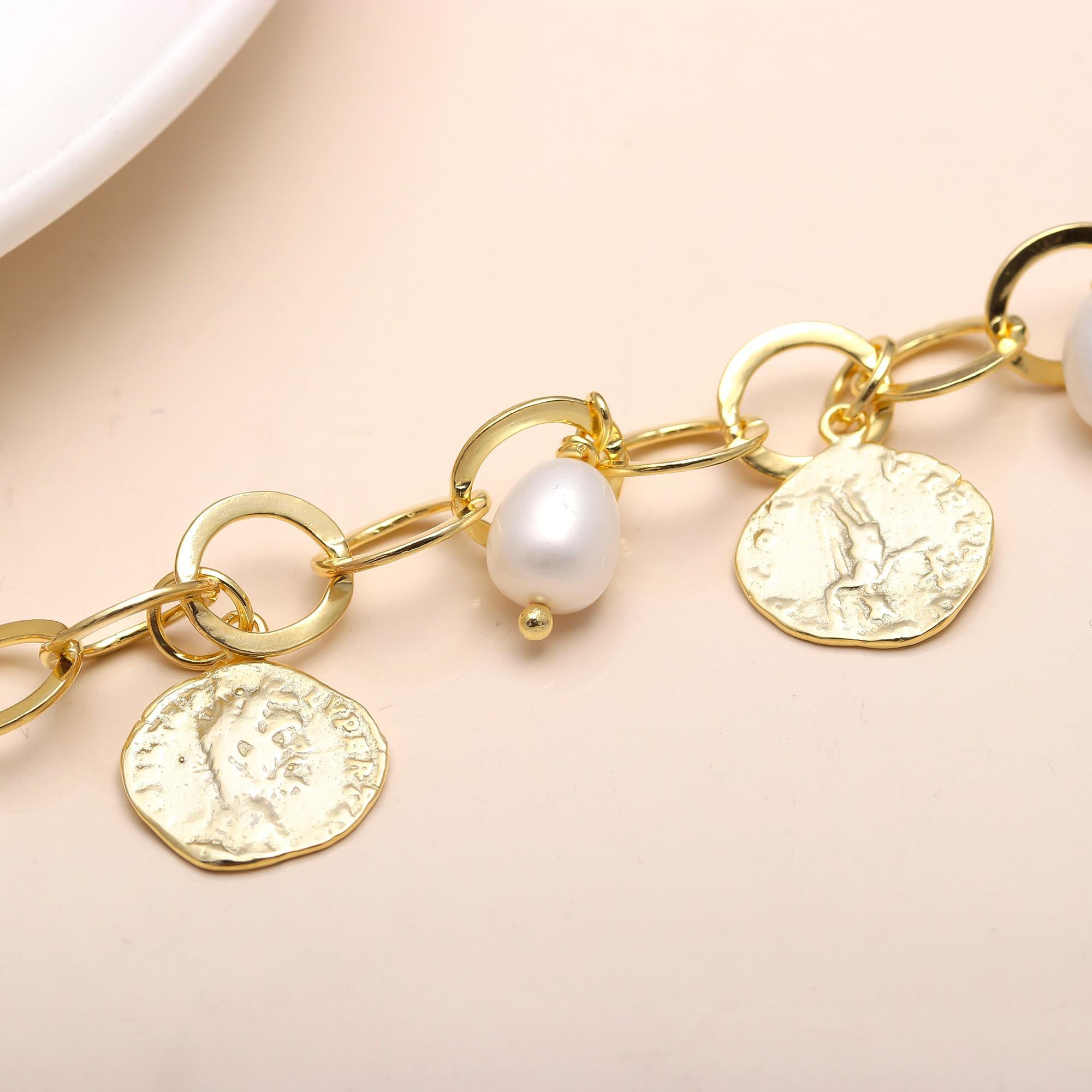 The Roman Heritage: Pearl Gold Coin Charm Bracelet