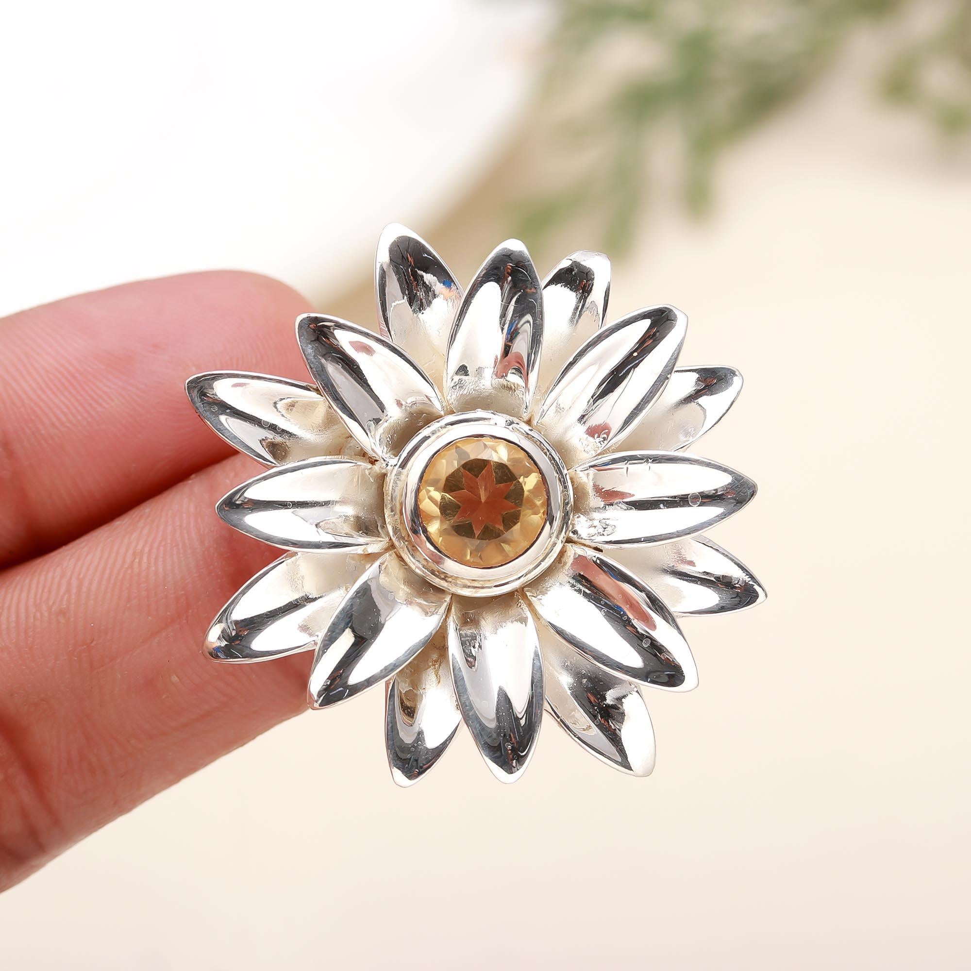 925 Silver Citrine Sunflower Ring