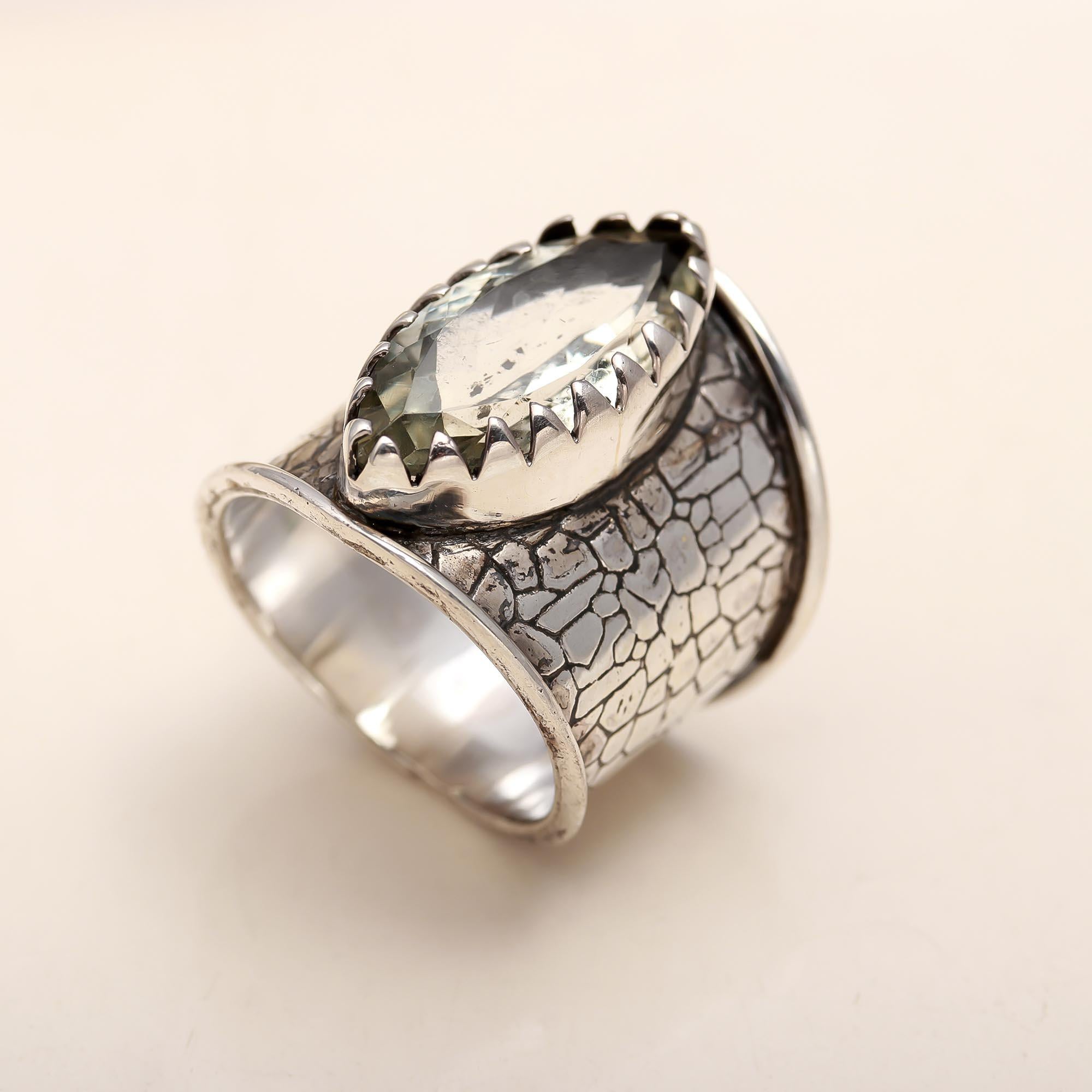 925 Silver Green Quartz Wide Band Ring
