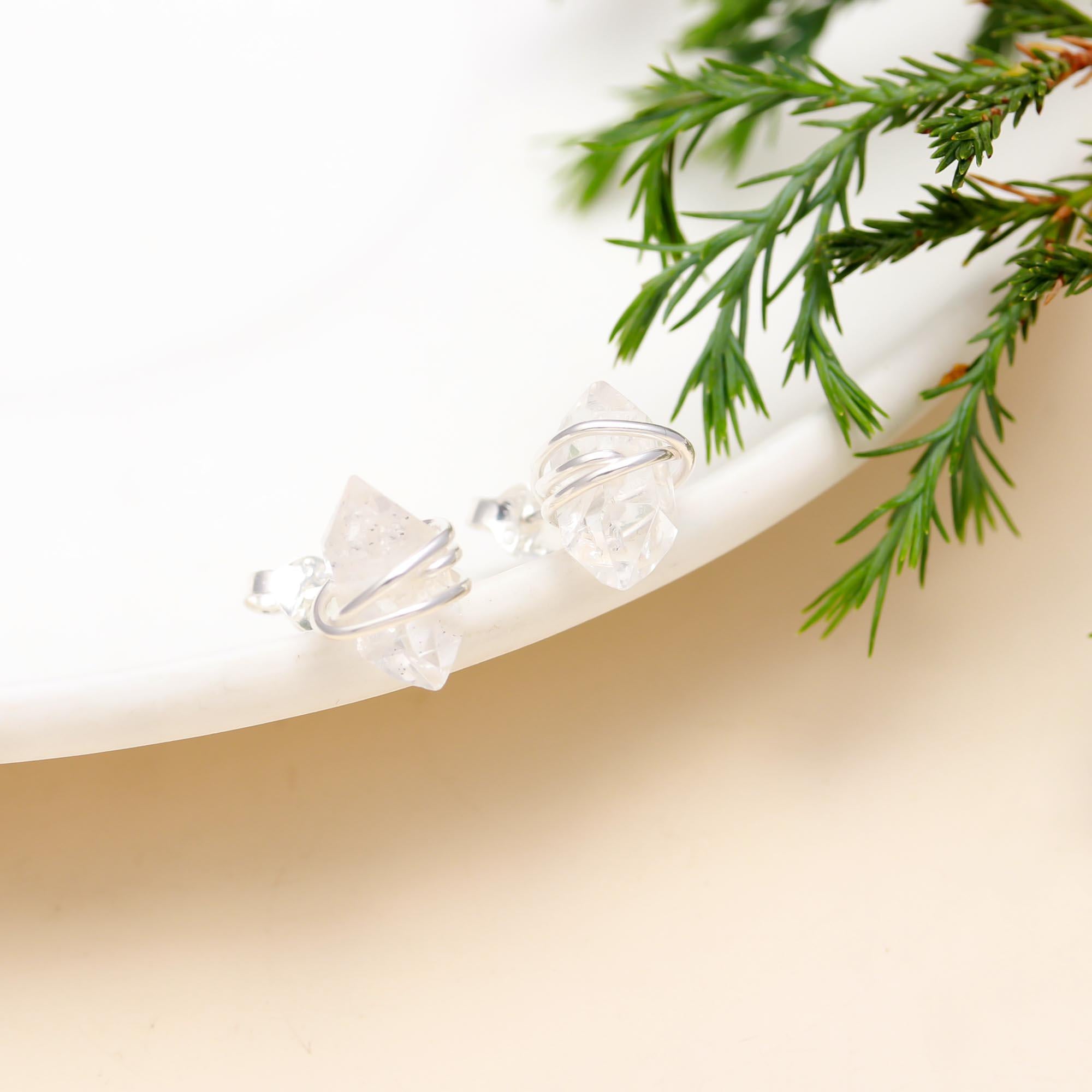 The Crystalline Nest: Raw Herkimer Diamond & Silver Wire Studs