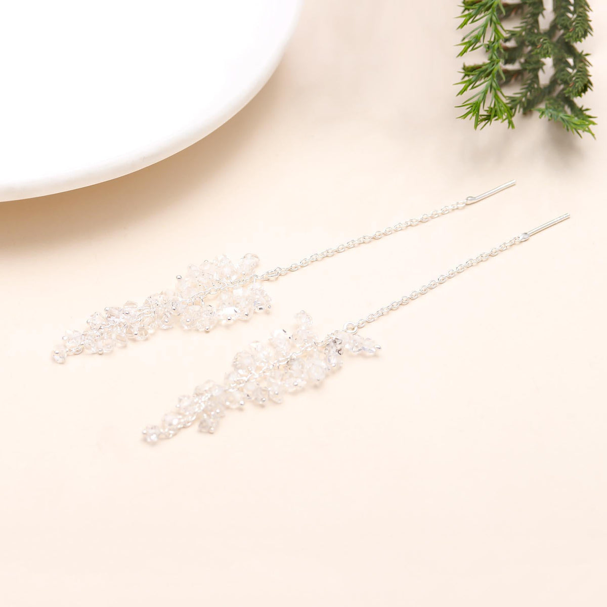 The Glacial Cascade: Herkimer Diamond Cluster Threader Earrings