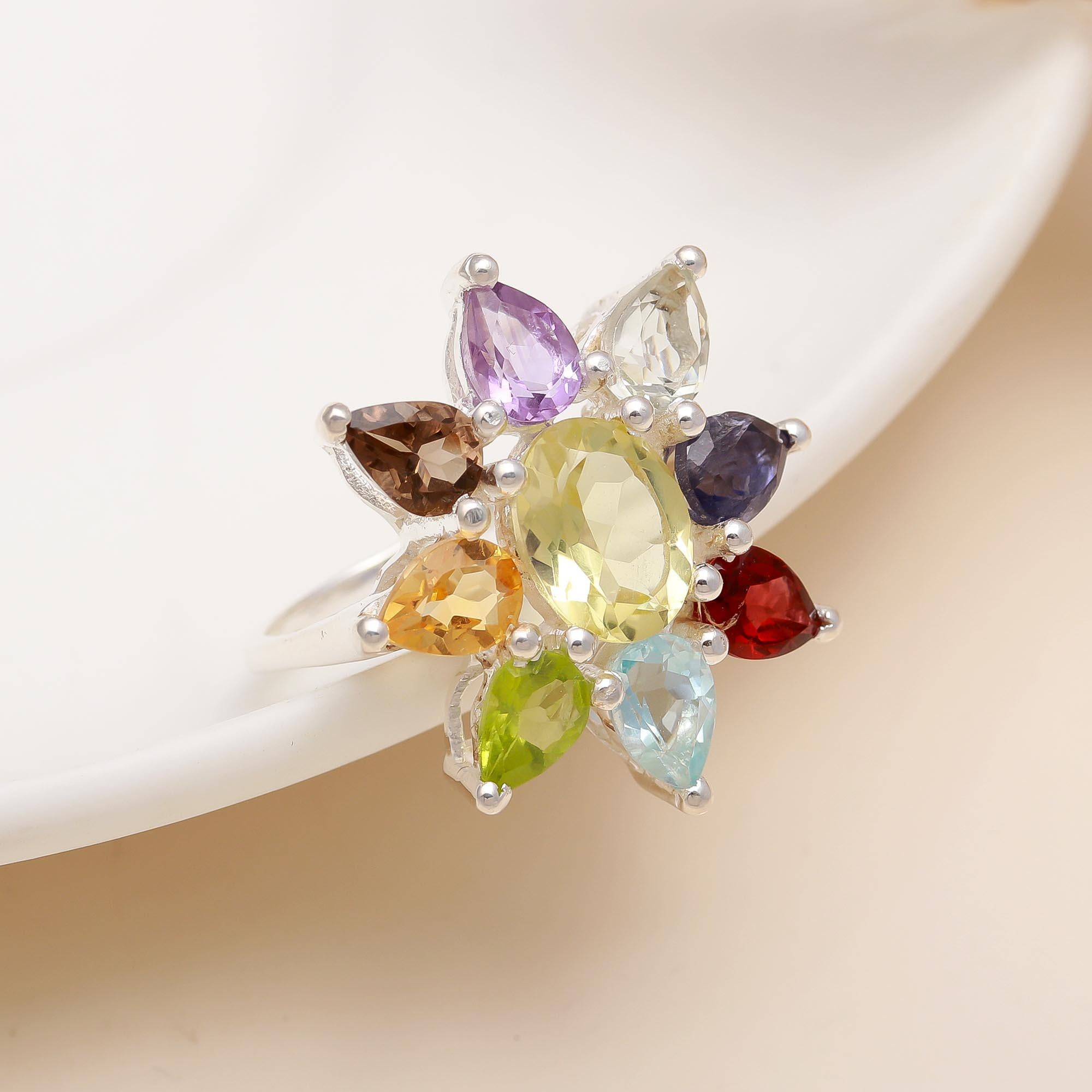 The Chroma Bloom: Multi-Gemstone Floral Cluster Ring