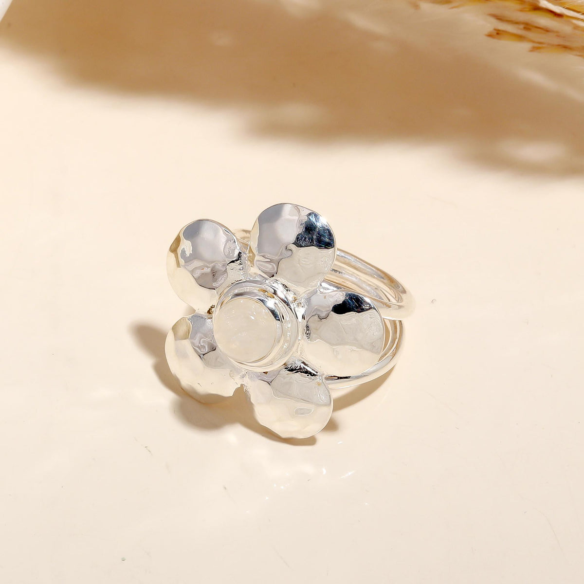 Sterling Silver Hammered Flower Moonstone Ring