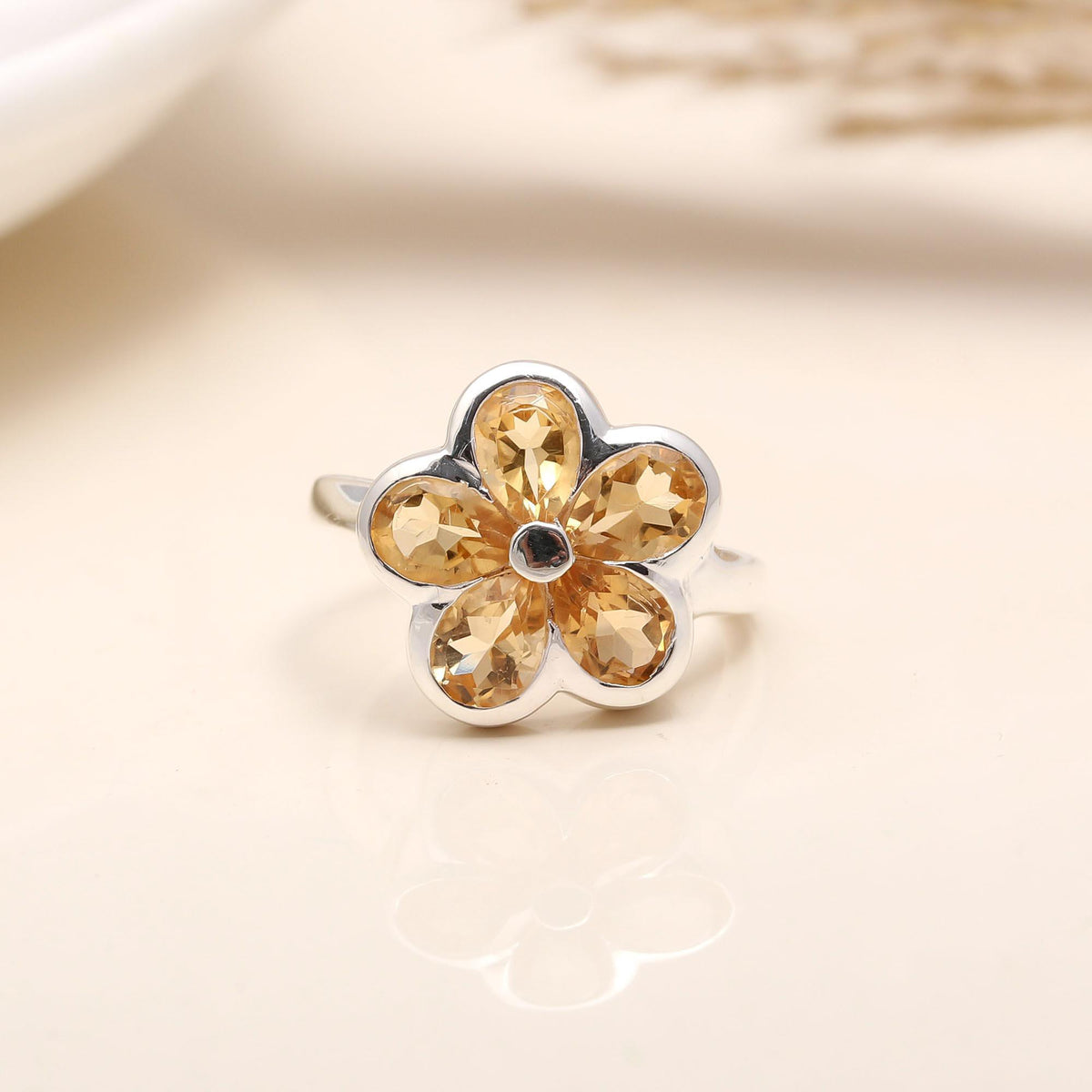 925 Silver Citrine Floral Ring