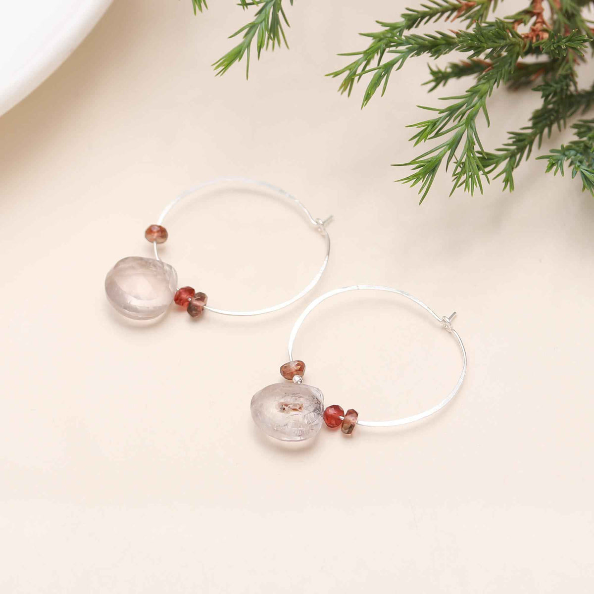 The Silver Thread: Garnet Beaded Silver Hoops