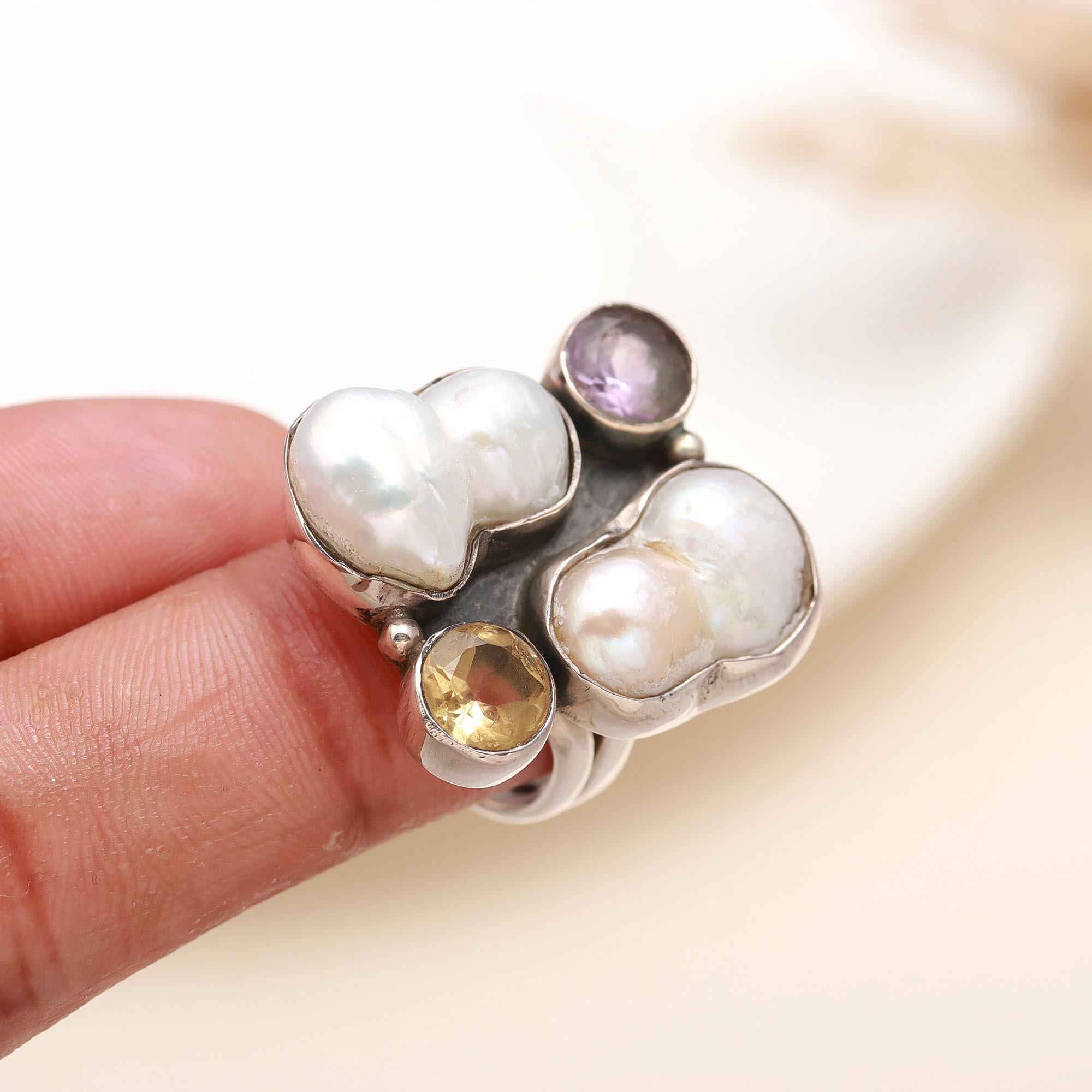 The Luminous Cluster: Baroque Pearl Multi-Gemstone Ring