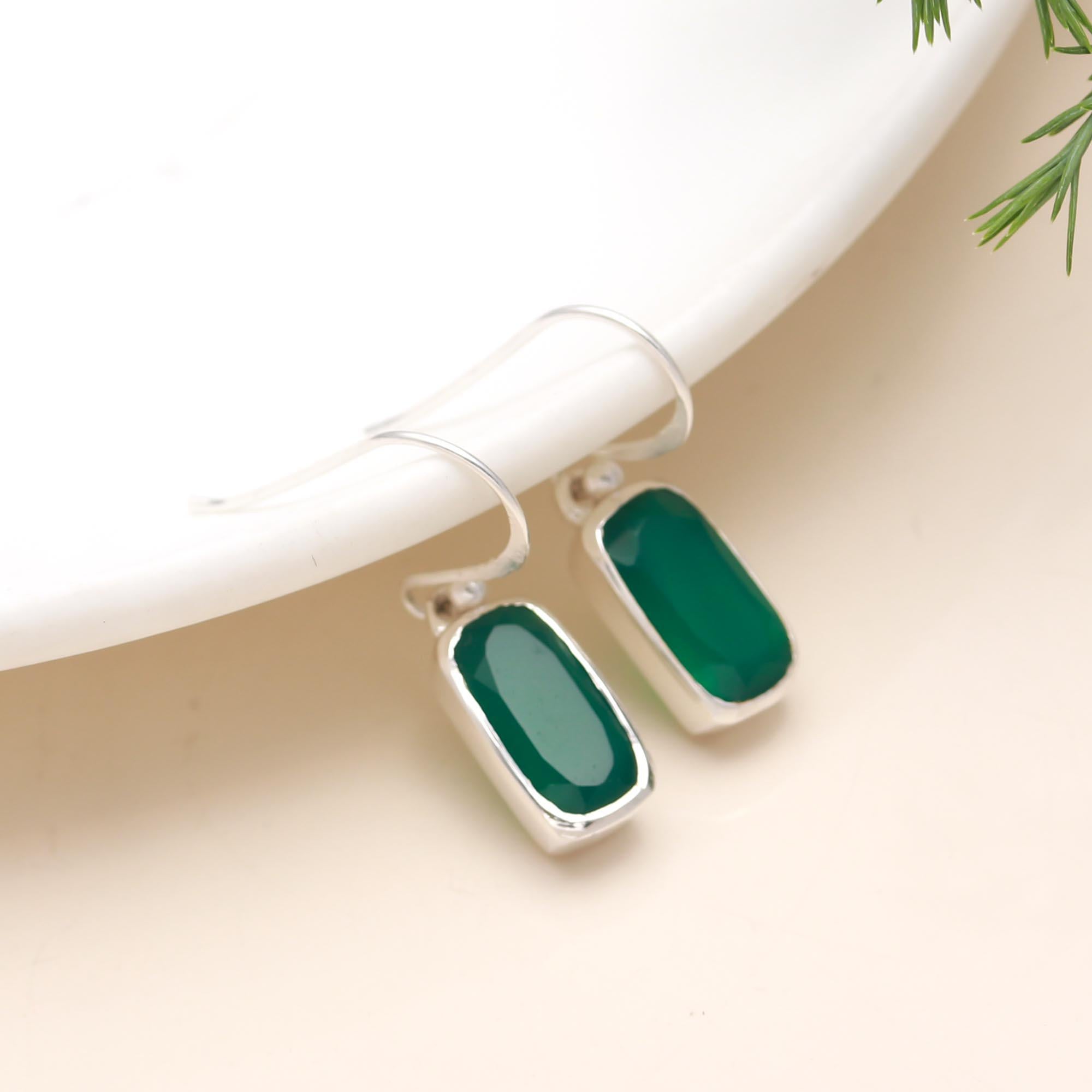 The Verdant Geo : Green Onyx & Silver Drop Earrings