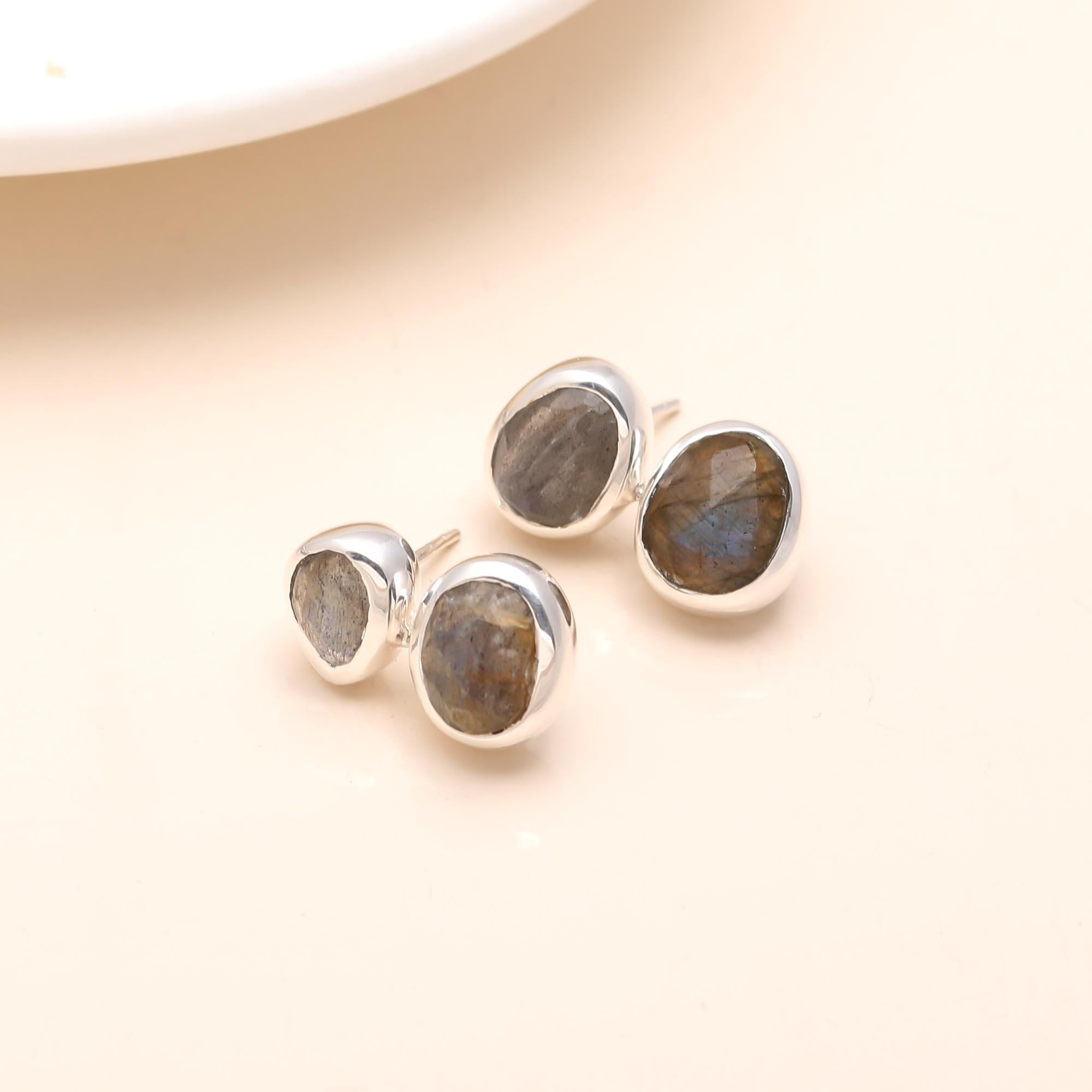 The Mystic Pebble: Labradorite Silver Bezel Studs