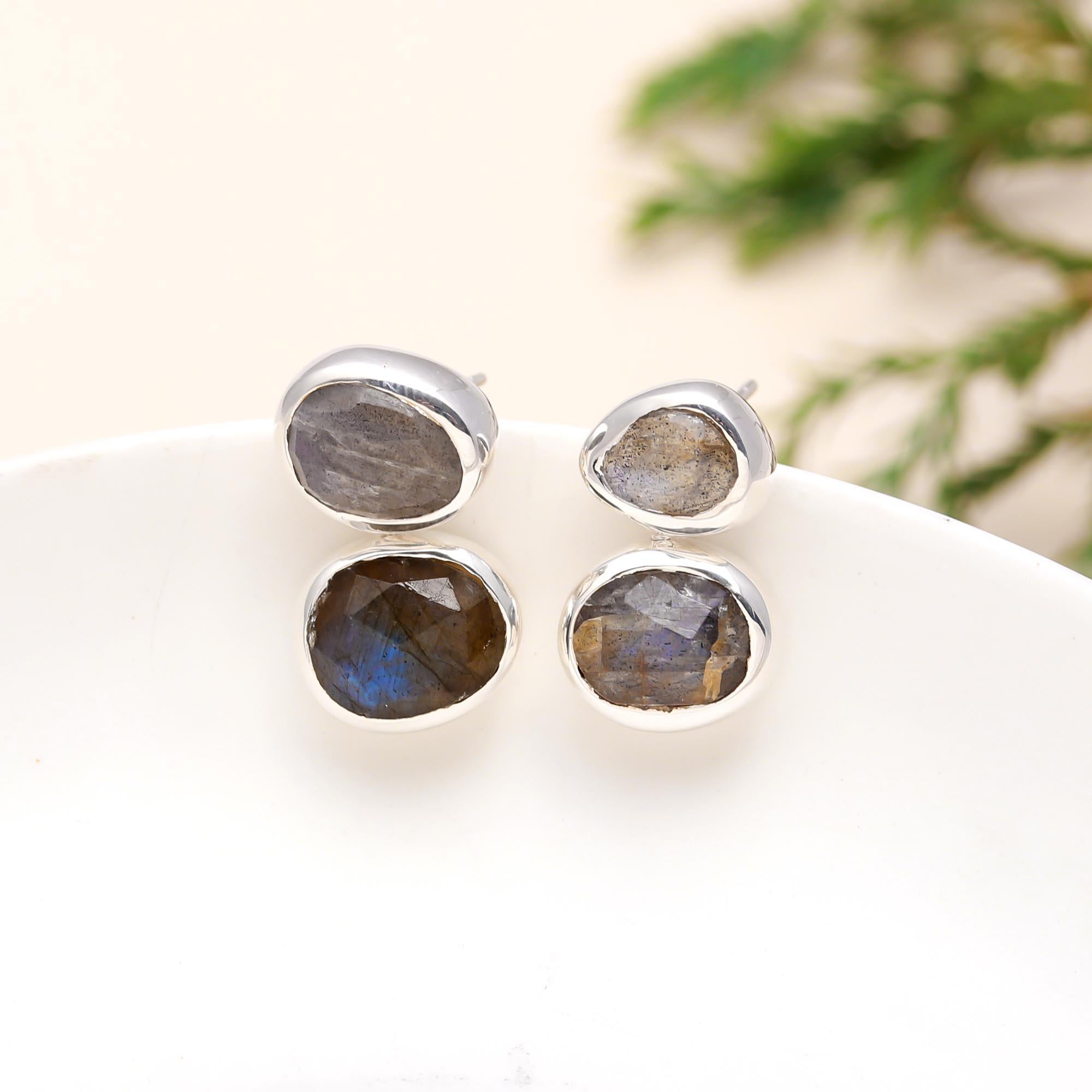 The Mystic Pebble: Labradorite Silver Bezel Studs