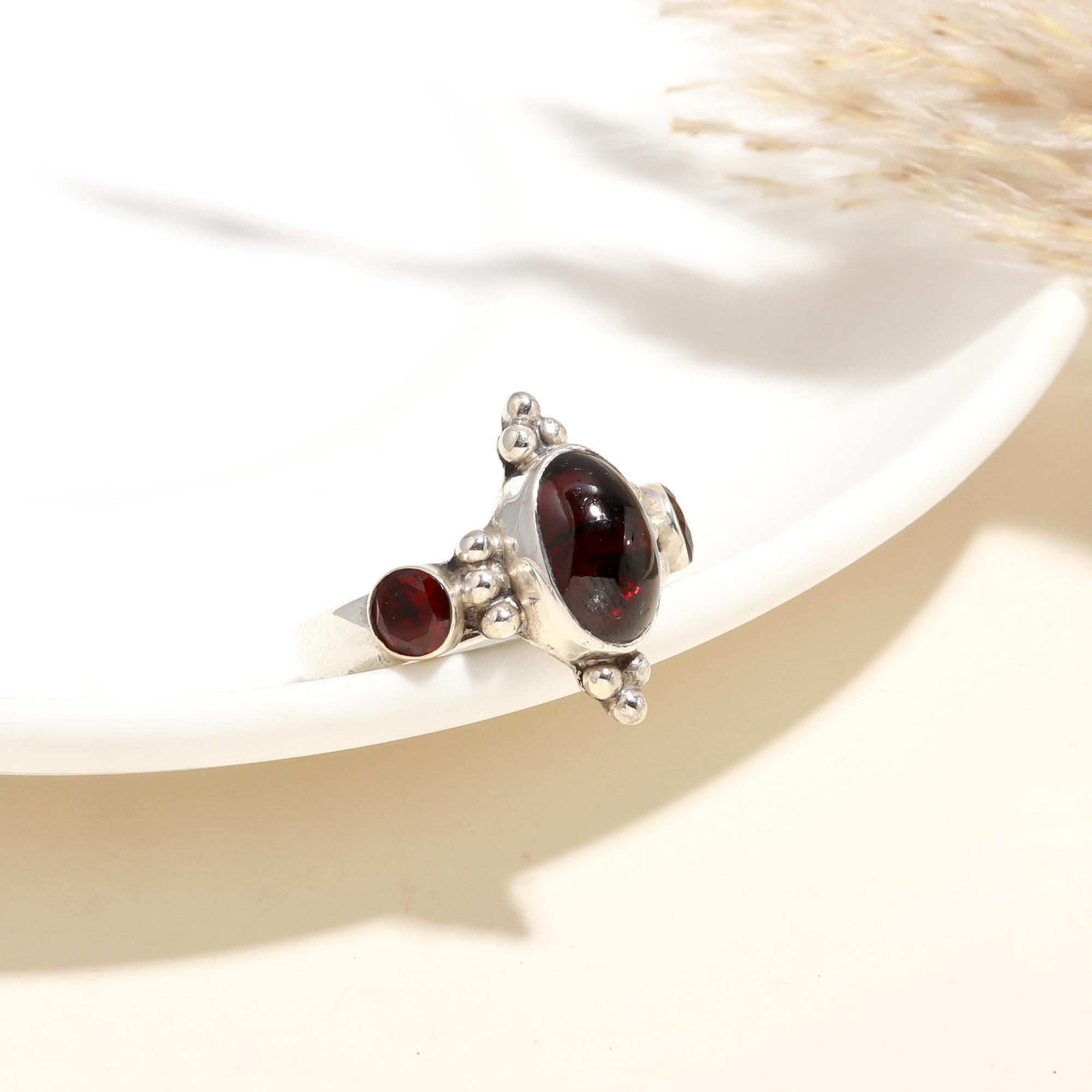 The Crimson Trilogy: Garnet Three-Stone Vintage Silver Ring