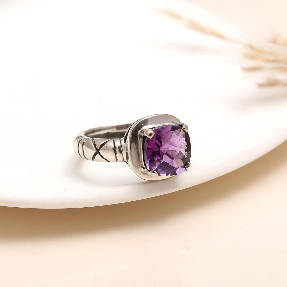 925 Silver Cushion-Cut Amethyst Ring with engraved band