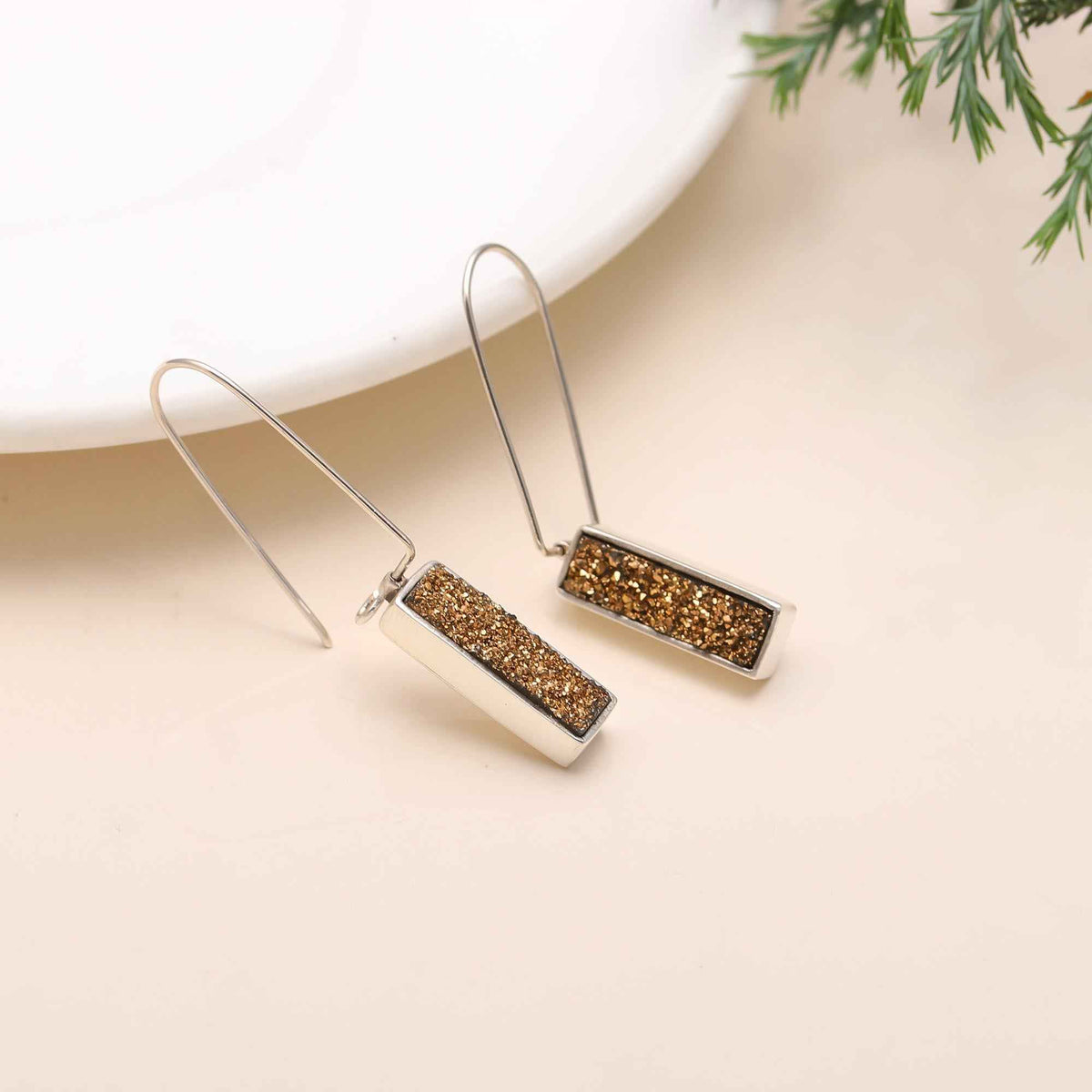 The Gilded Galaxy: Titanium Gold Drusy & Silver Bar Earrings