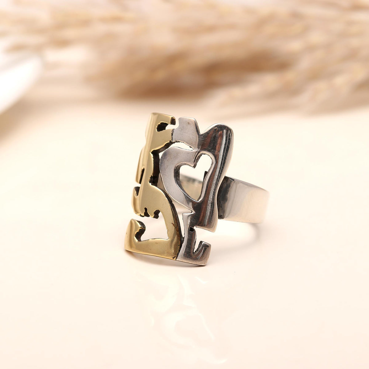Romantic dual-tone silver ring with LOVE design