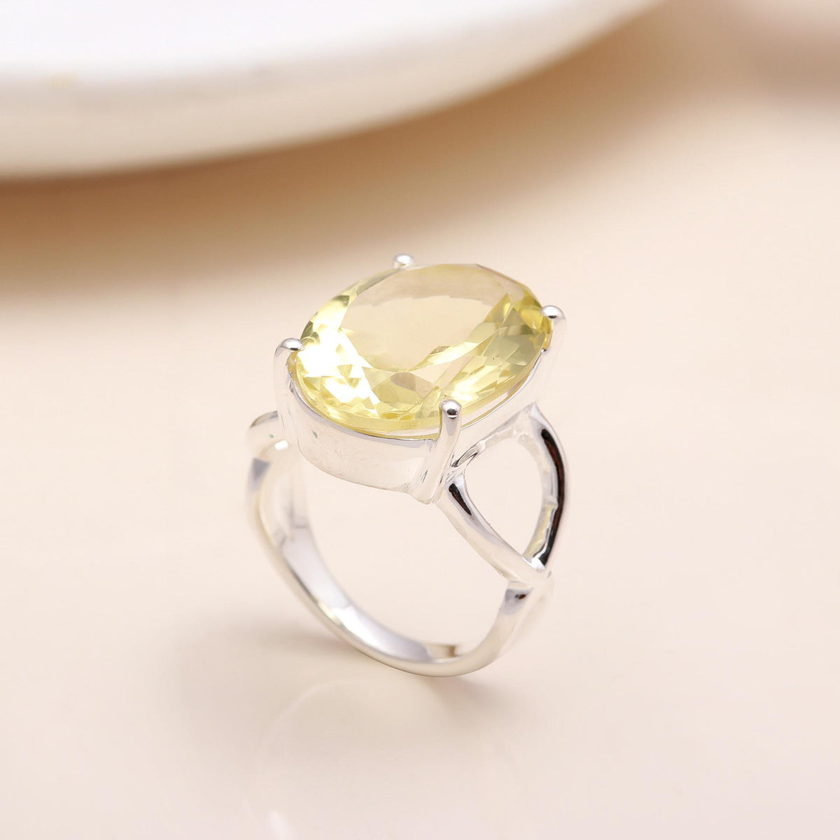 Handmade sterling silver statement ring with lemon quartz