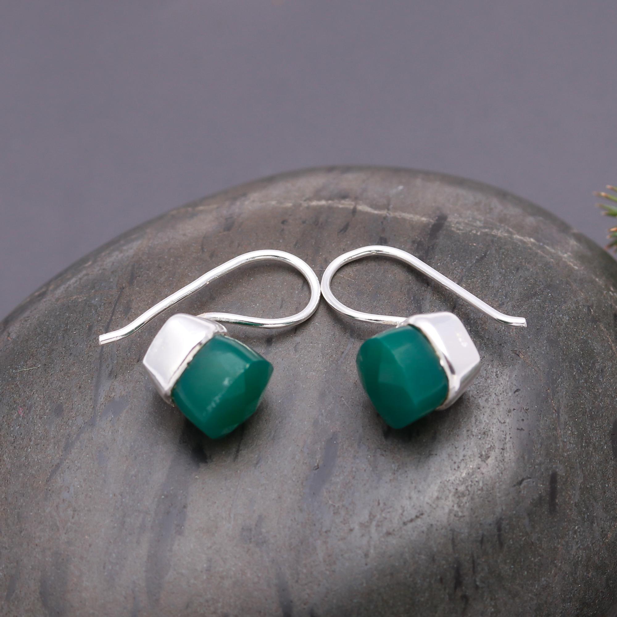 925 Silver Green Onyx Dangle Earrings