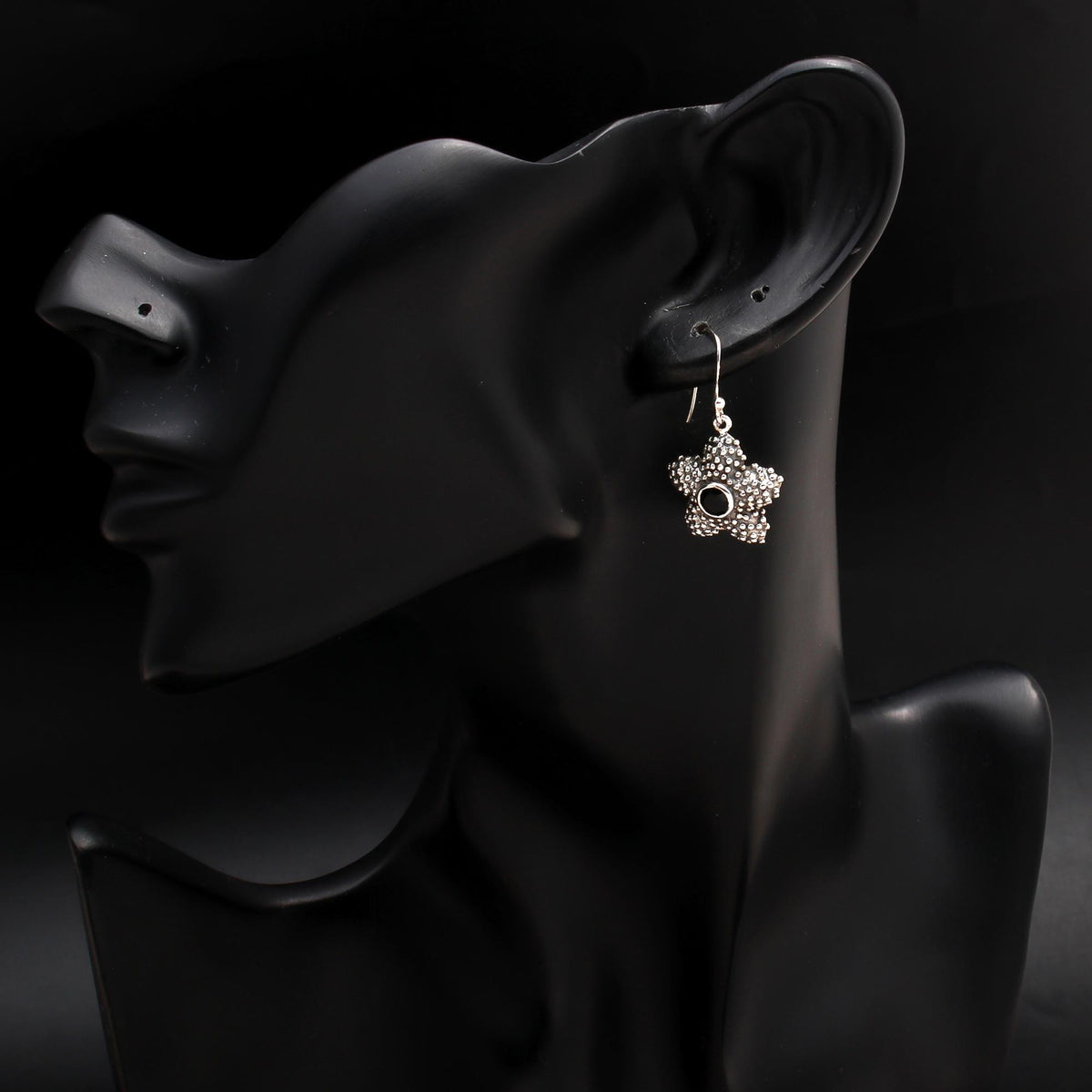 925 Silver Starfish Black Onyx Dangle Earrings