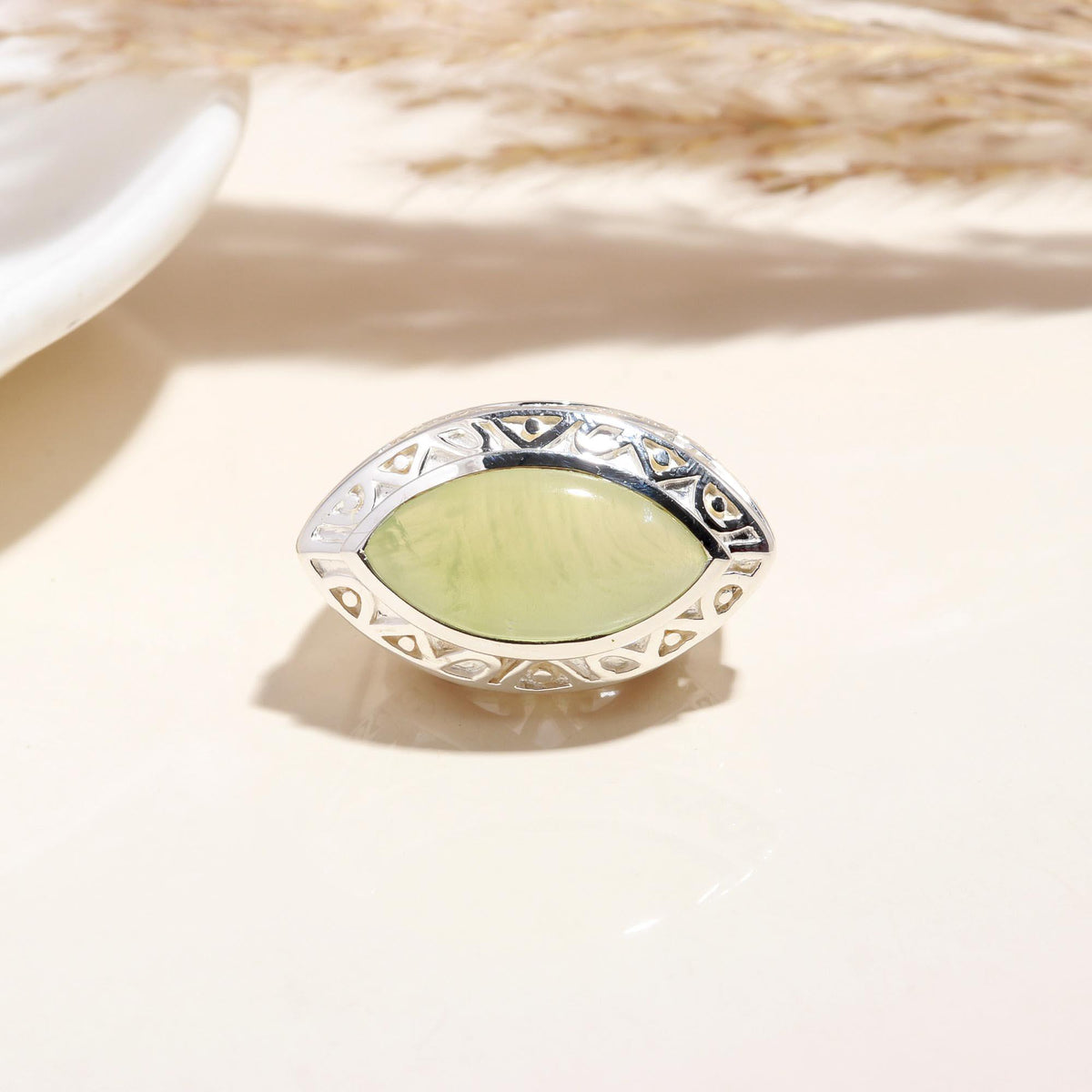 The Verdant Marquise: Prehnite Silver Filigree Ring