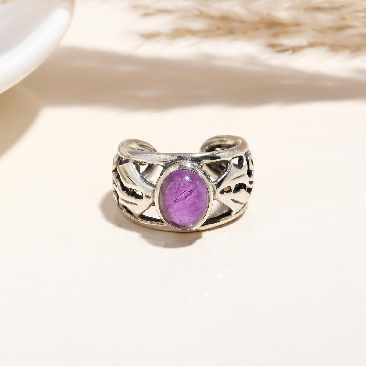The Violet Scroll: Amethyst Silver Leaf Ring