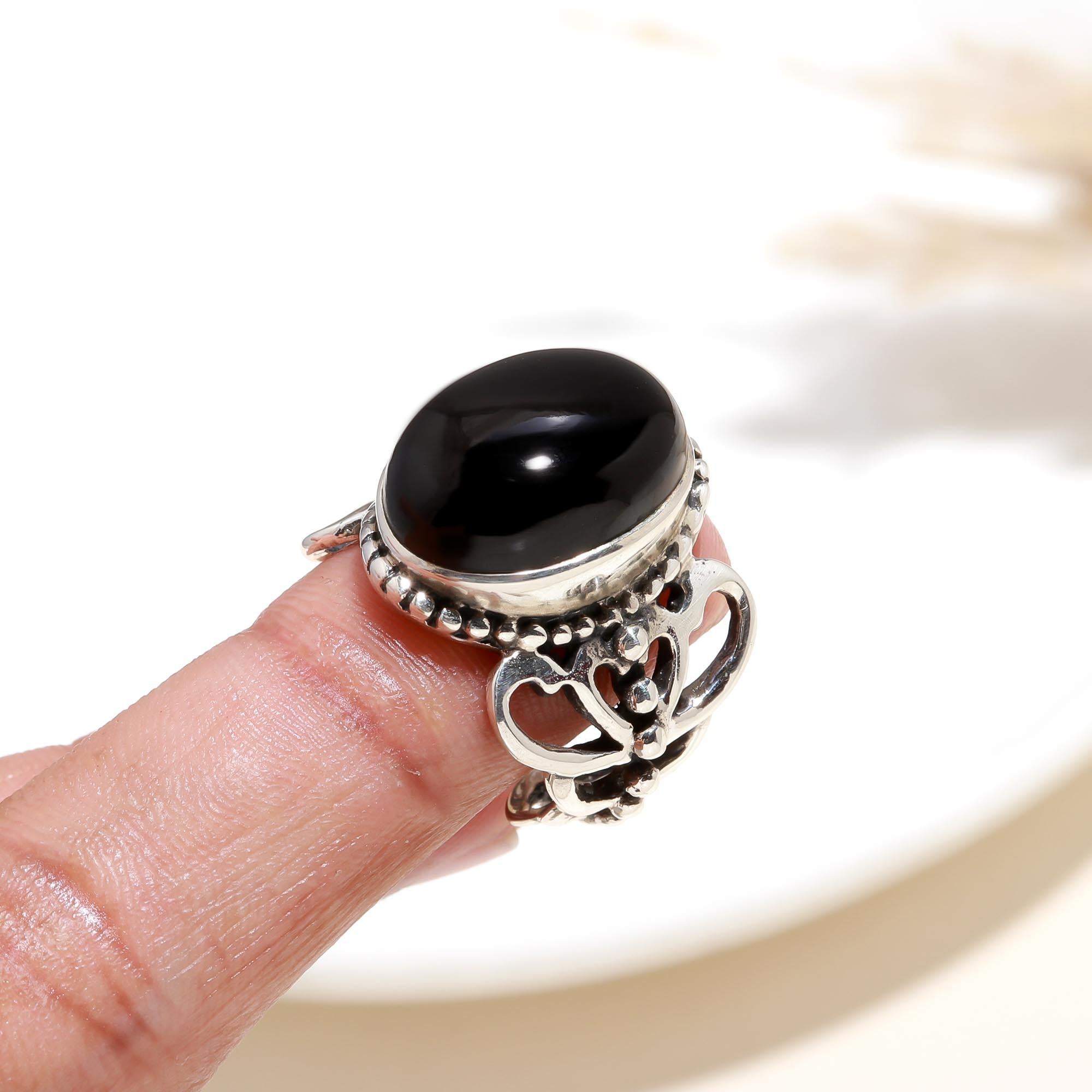 The Night Scroll: Black Onyx Silver Filigree Ring