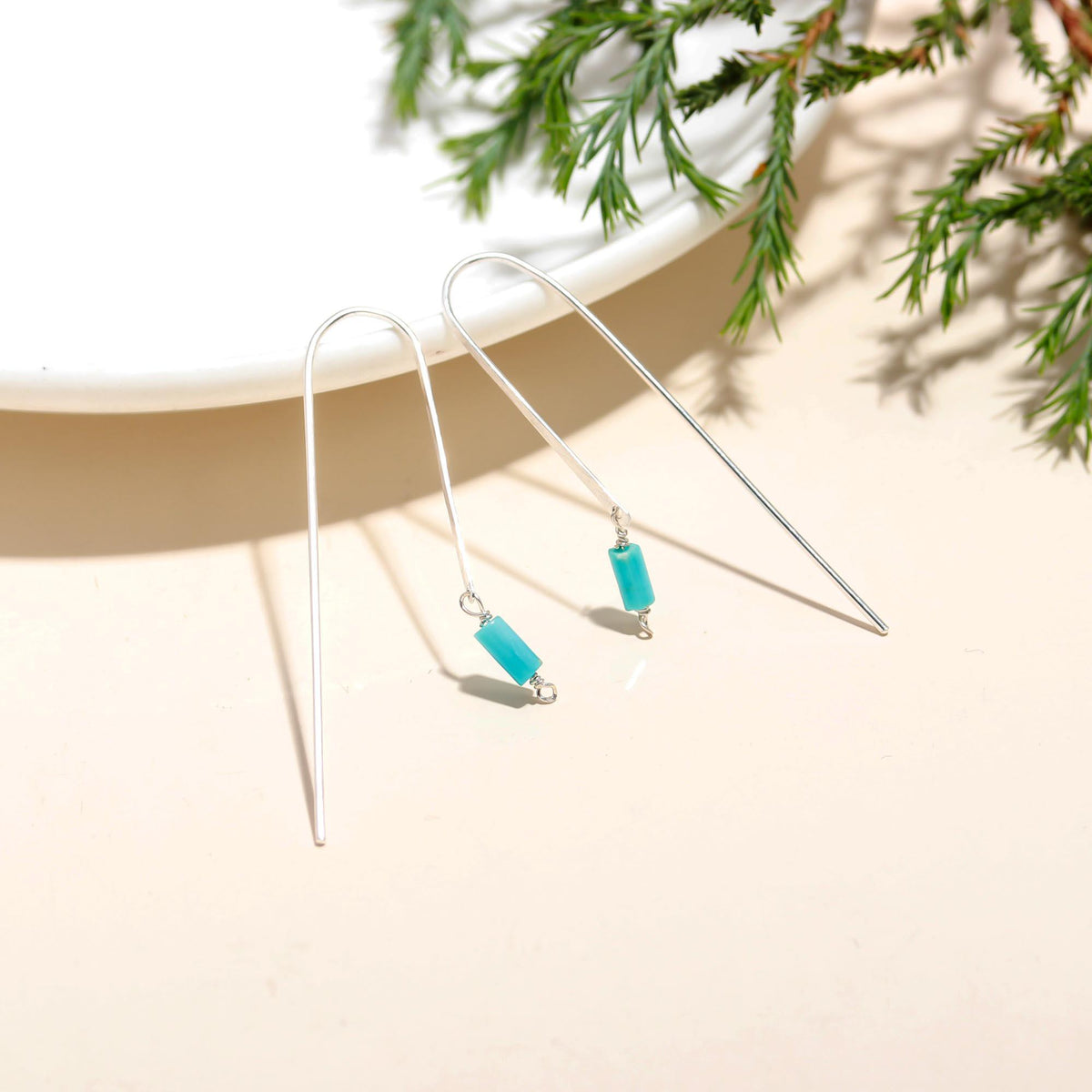 The Azure Horizon: Turquoise Cylinder & Silver Arch Earrings