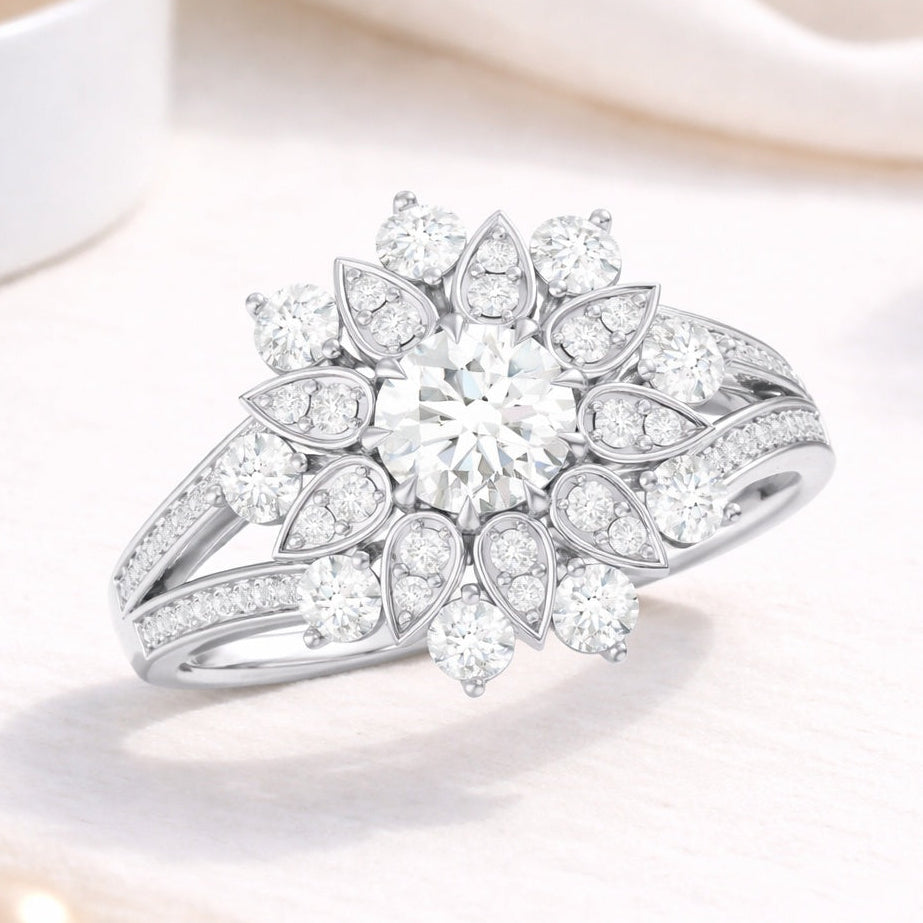 The Radiant Bloom: 2.45ct Moissanite Floral Halo Cocktail Ring