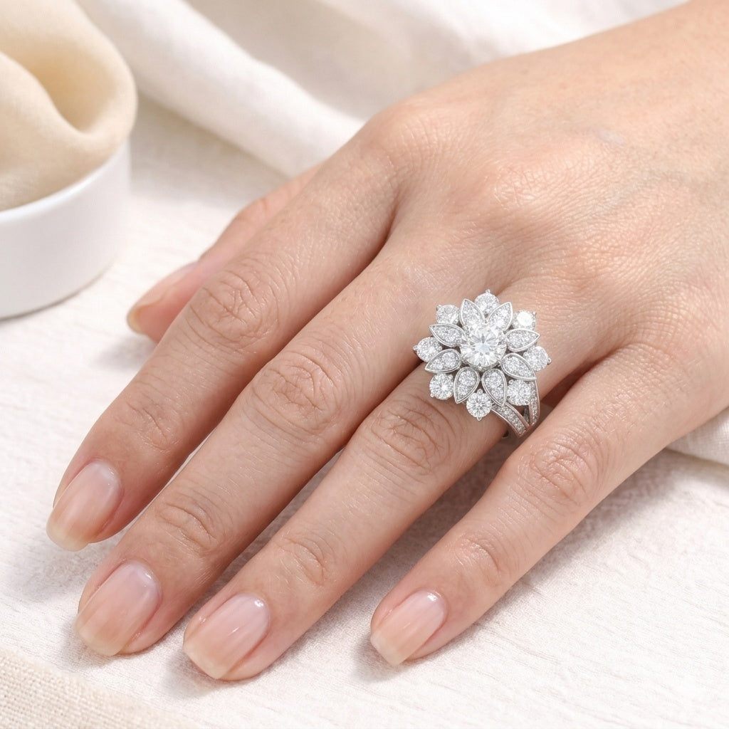 The Radiant Bloom: 2.45ct Moissanite Floral Halo Cocktail Ring