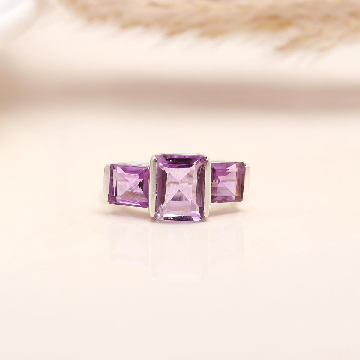 The Amethyst Trilogy: Modern Three Stone Ring