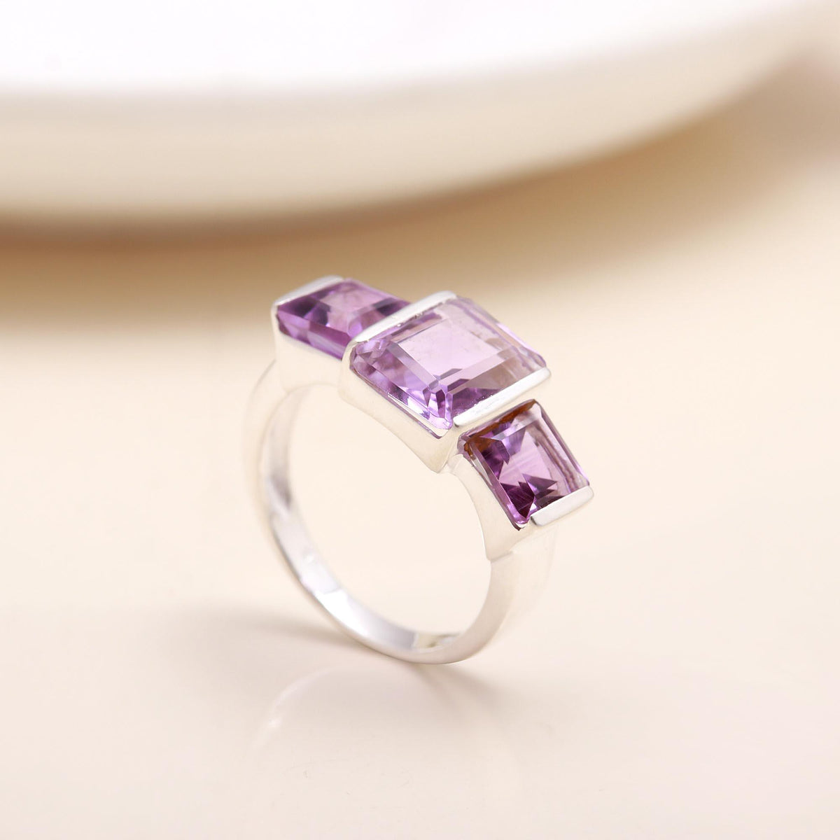 The Amethyst Trilogy: Modern Three Stone Ring